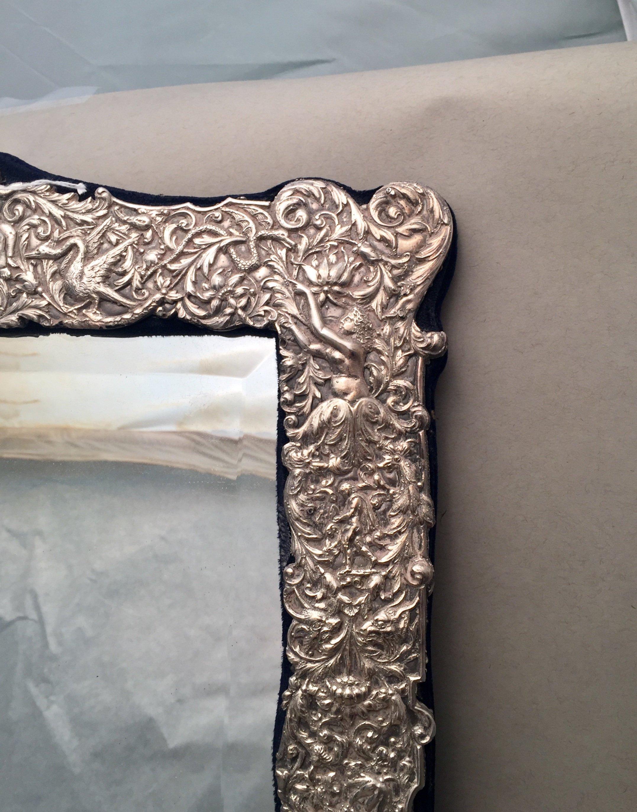 English Palace Size Sterling Silver Mirror with Ornate Border In Good Condition For Sale In New York, NY