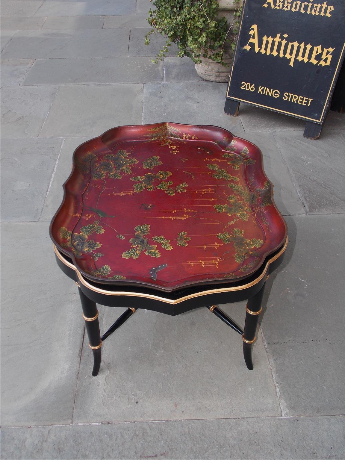 Hand-Carved English Paper Mache Red Lacquered Scalloped Tray with Faux Bamboo Stand, C. 1810