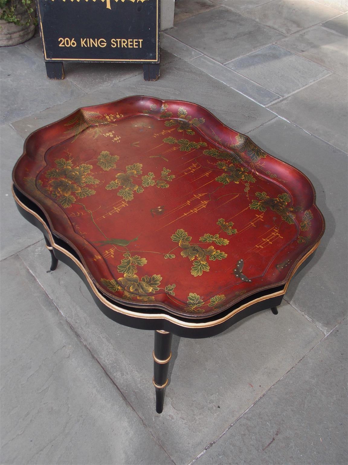 Early 19th Century English Paper Mache Red Lacquered Scalloped Tray with Faux Bamboo Stand, C. 1810