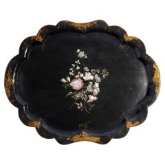 English paper mache tea tray with scalloped edge, 1850's