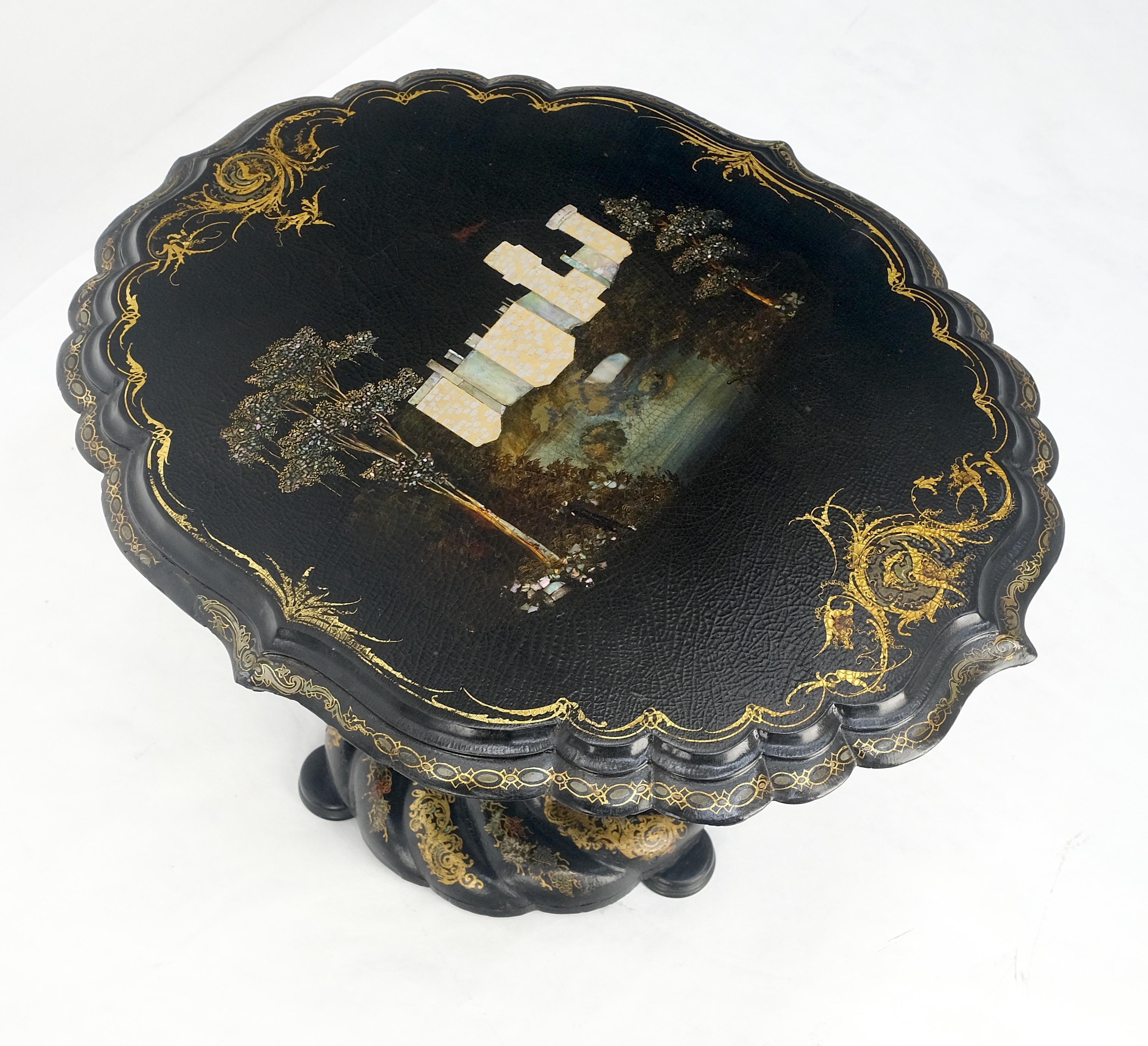English Papier-Mache Black Gold Mother of Pearl Antique c1900s Lamp Table Clean! For Sale 6