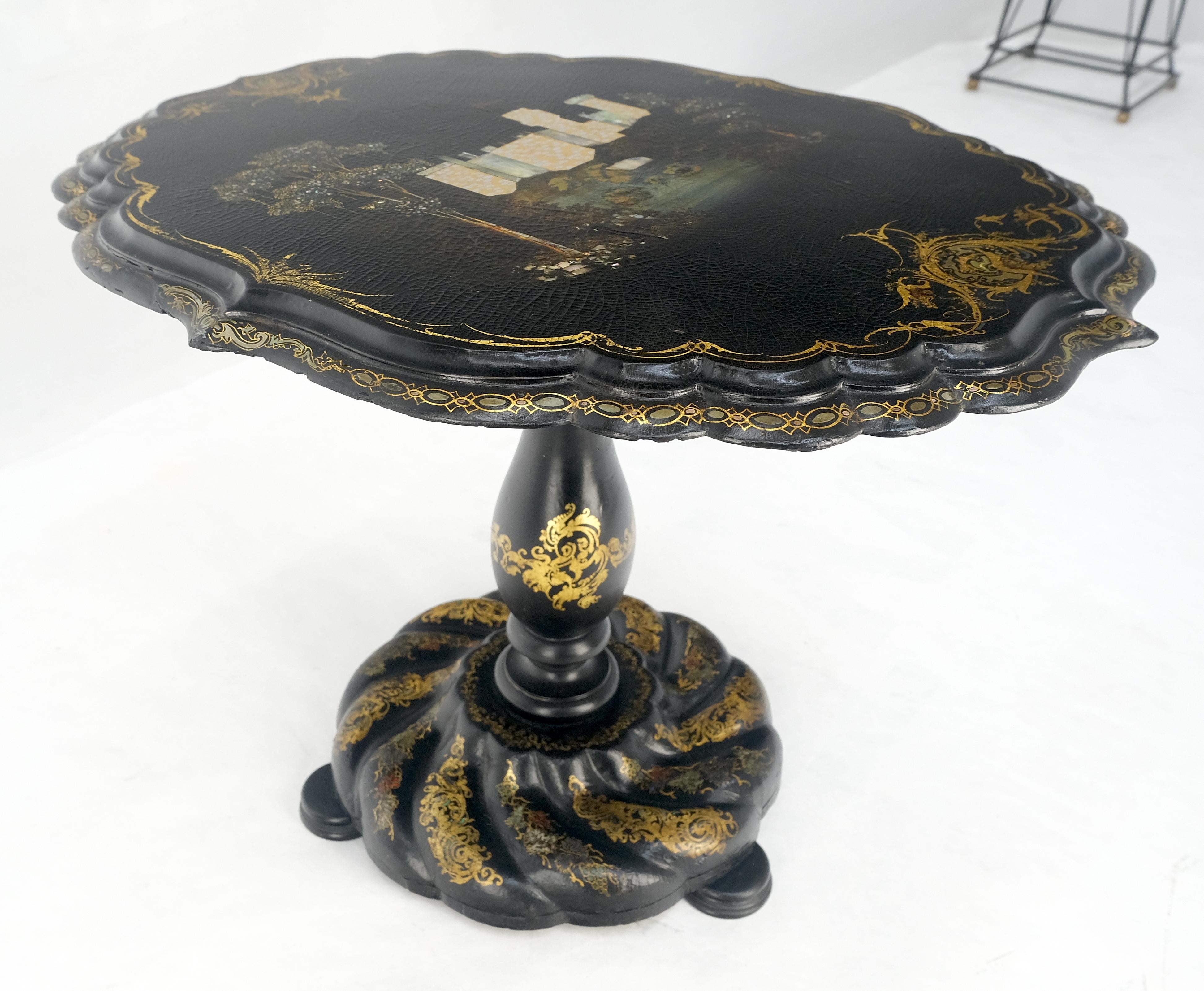 English Papier-Mache Black Gold Mother of Pearl Antique c1900s Lamp Table Clean! For Sale 7