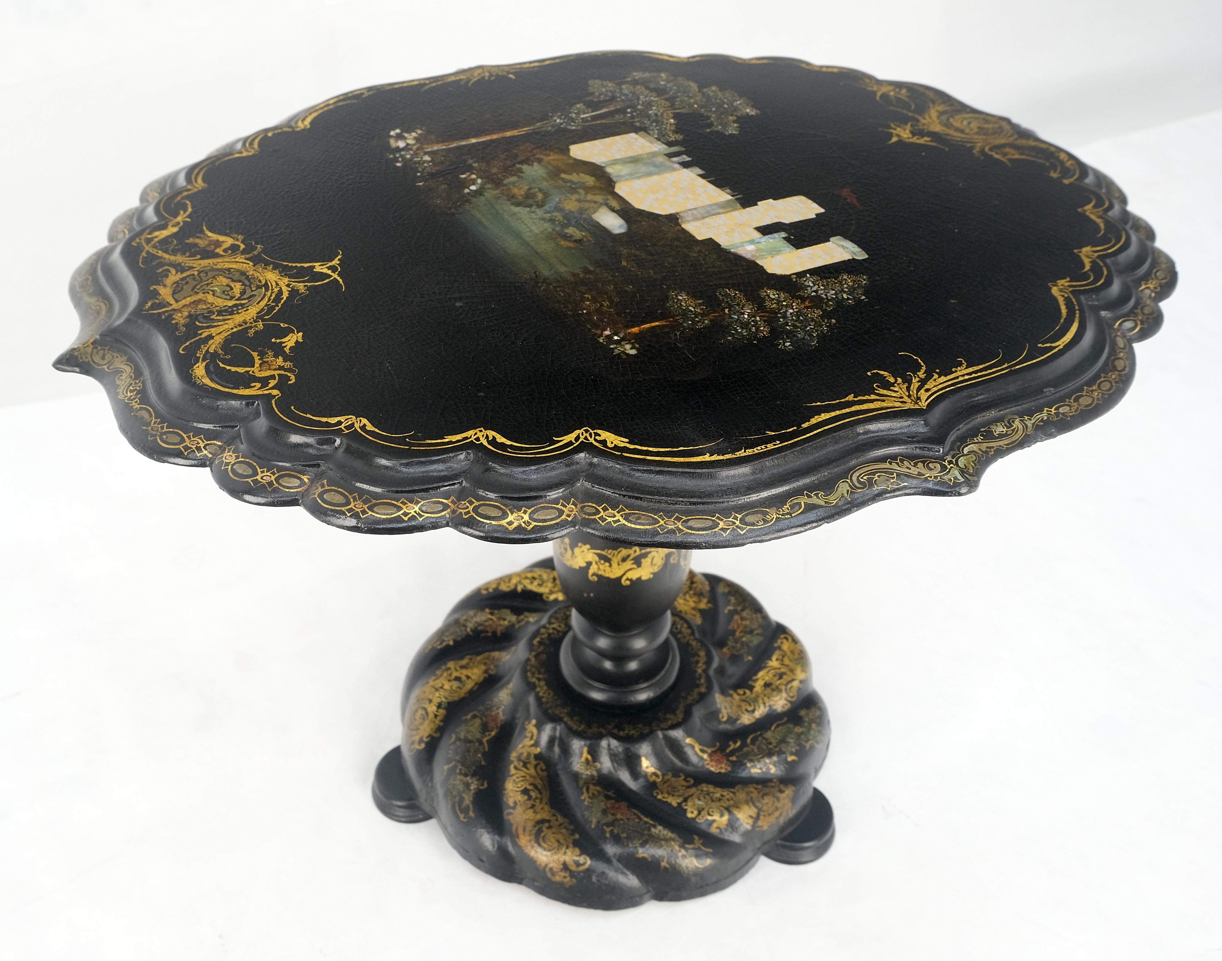 English Papier-Mache Black Gold Mother of Pearl Antique c1900s Lamp Table Clean! For Sale 8