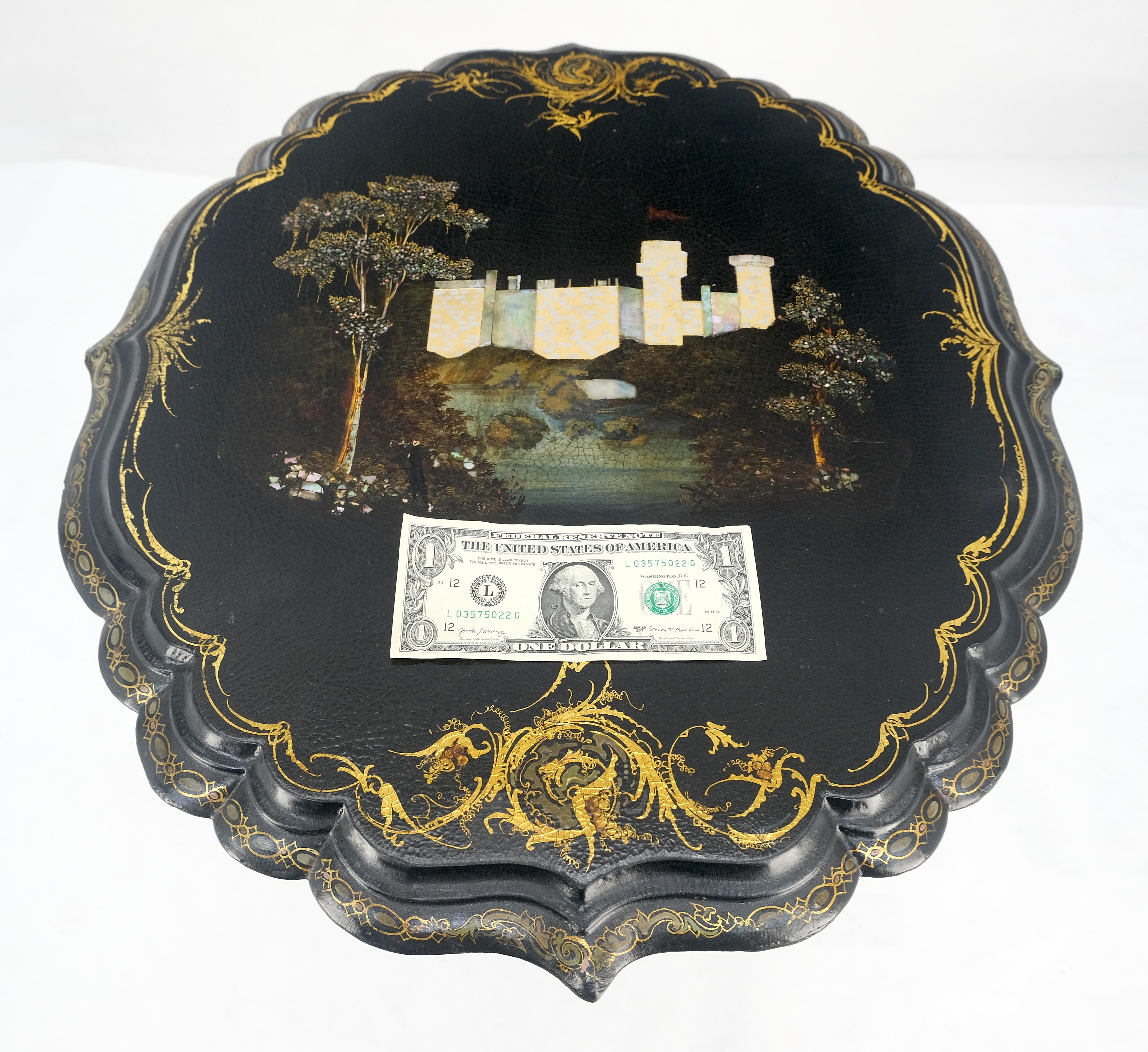 Lacquer English Papier-Mache Black Gold Mother of Pearl Antique c1900s Lamp Table Clean! For Sale