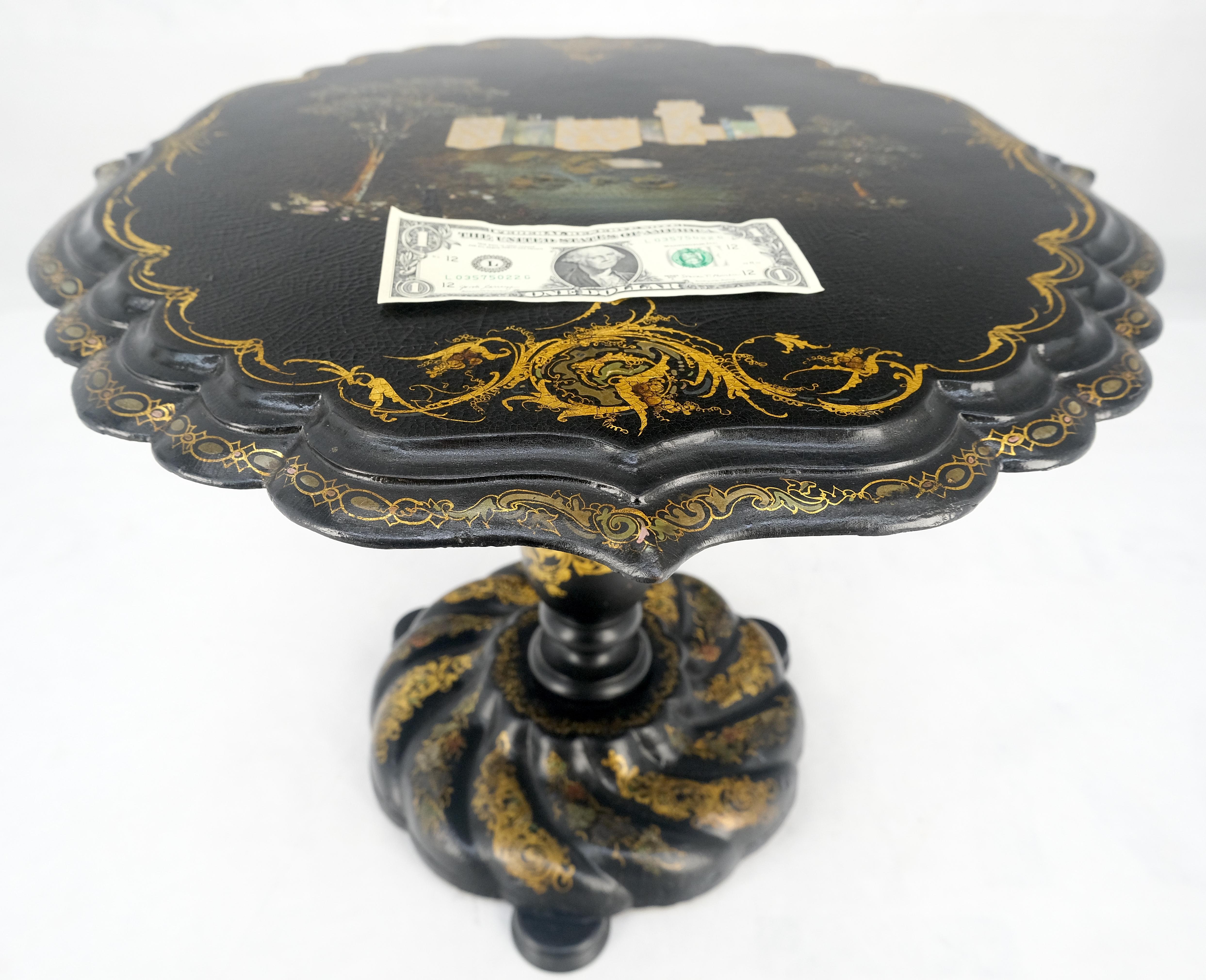 English Papier-Mache Black Gold Mother of Pearl Antique c1900s Lamp Table Clean! For Sale 1