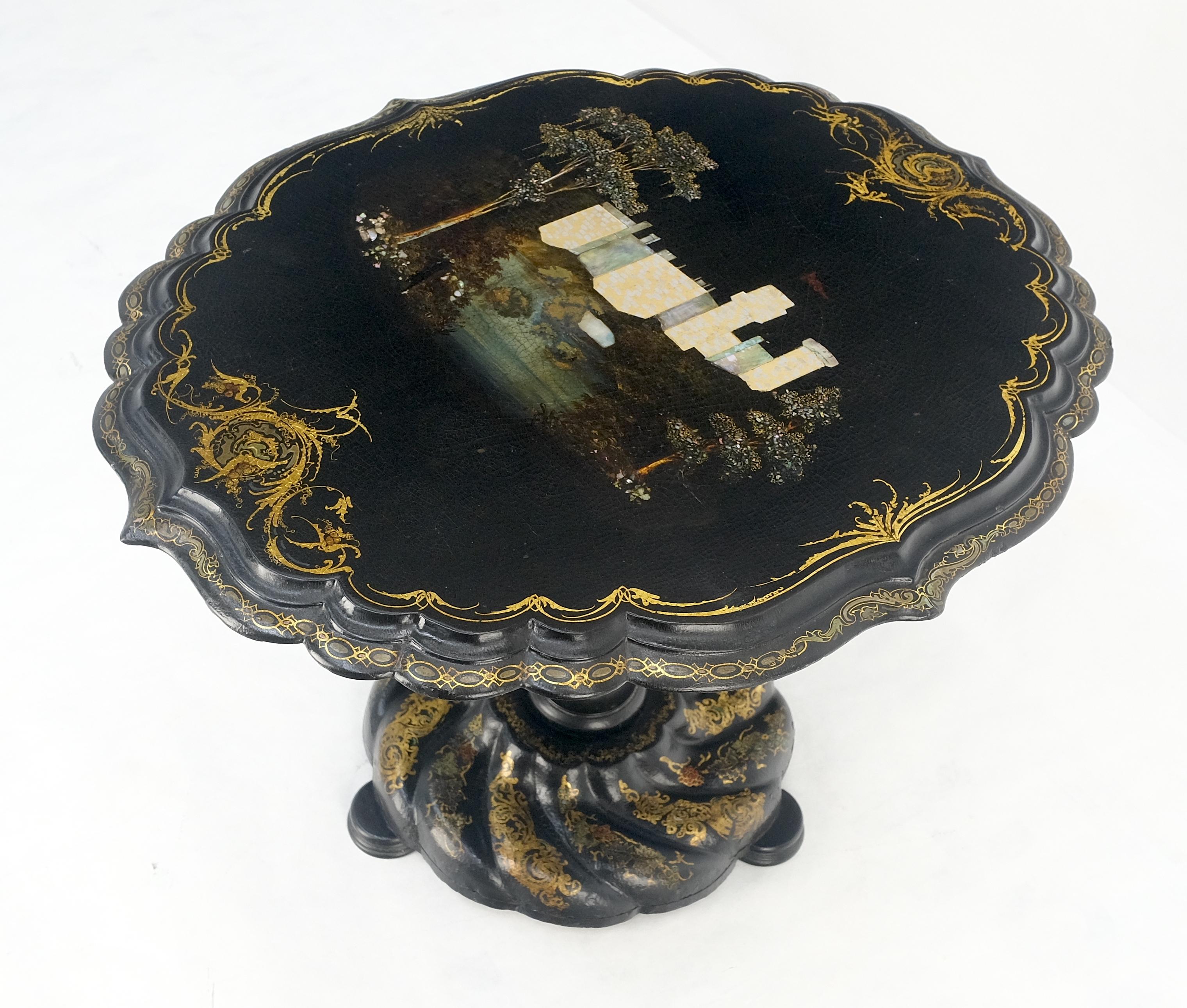 English Papier-Mache Black Gold Mother of Pearl Antique c1900s Lamp Table Clean! For Sale 3