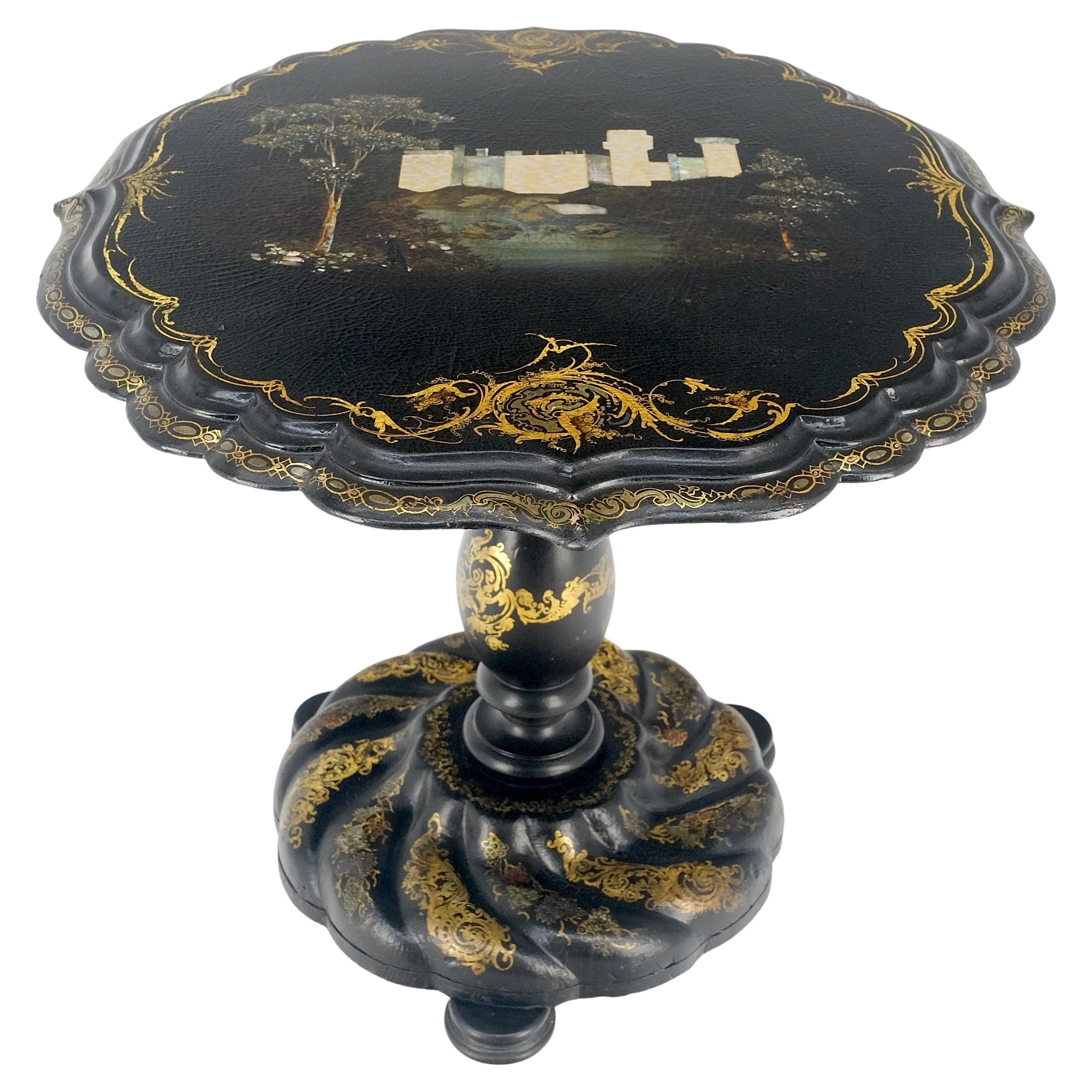English Papier-Mache Black Gold Mother of Pearl Antique c1900s Lamp Table Clean! For Sale
