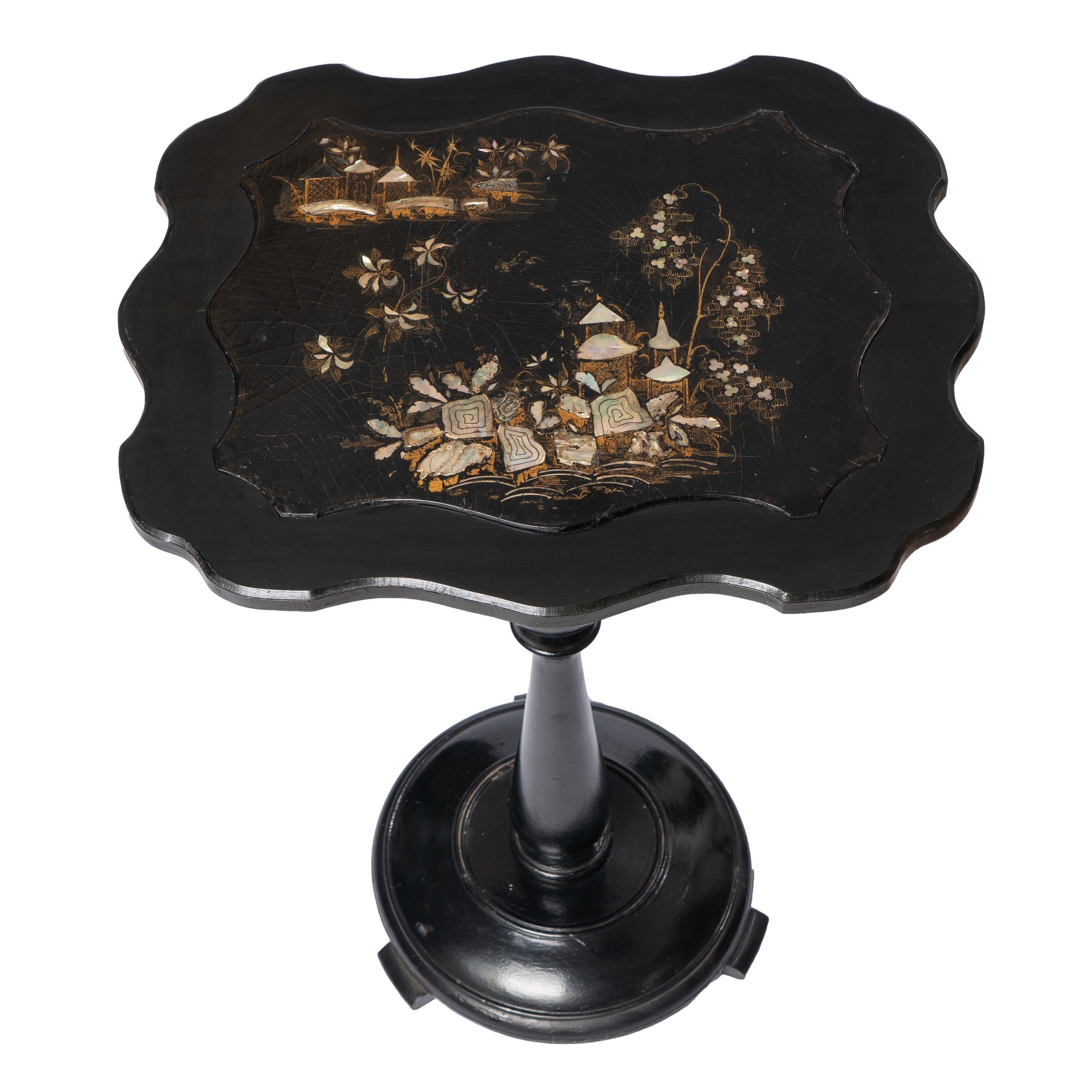 Mother-of-Pearl English Wood & Paper Mache Tilt Top Candle Stand, c. 1860 For Sale