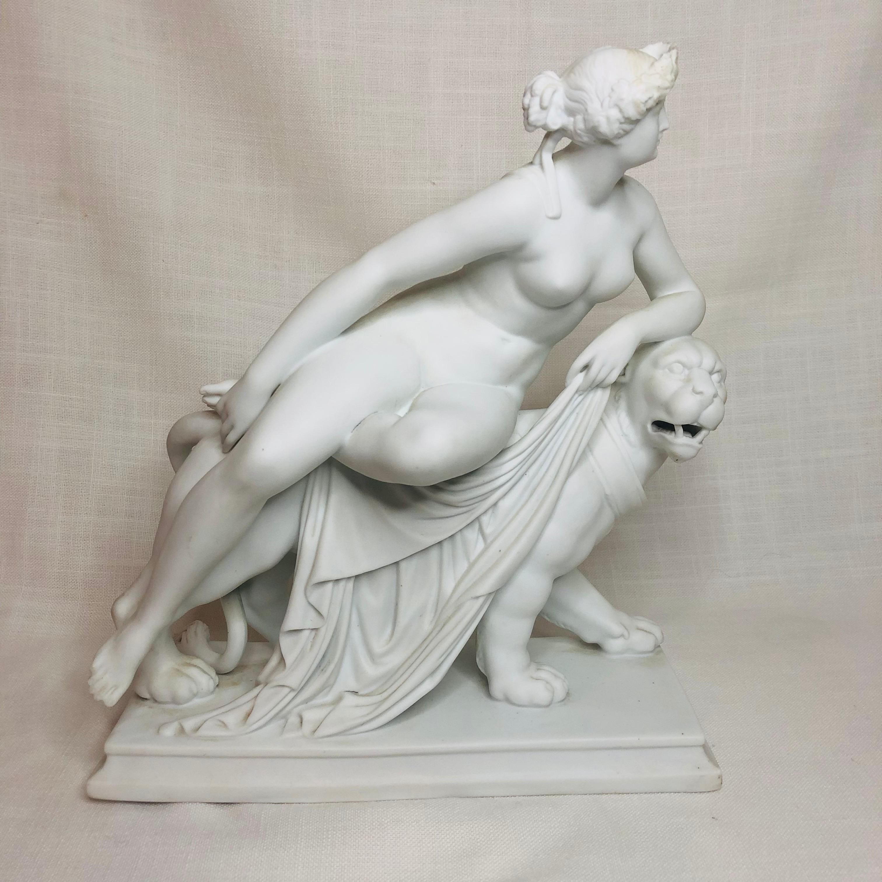 Neoclassical English Parian Figurine of a Nude Figure of Adriadne Riding on Top of a Panther