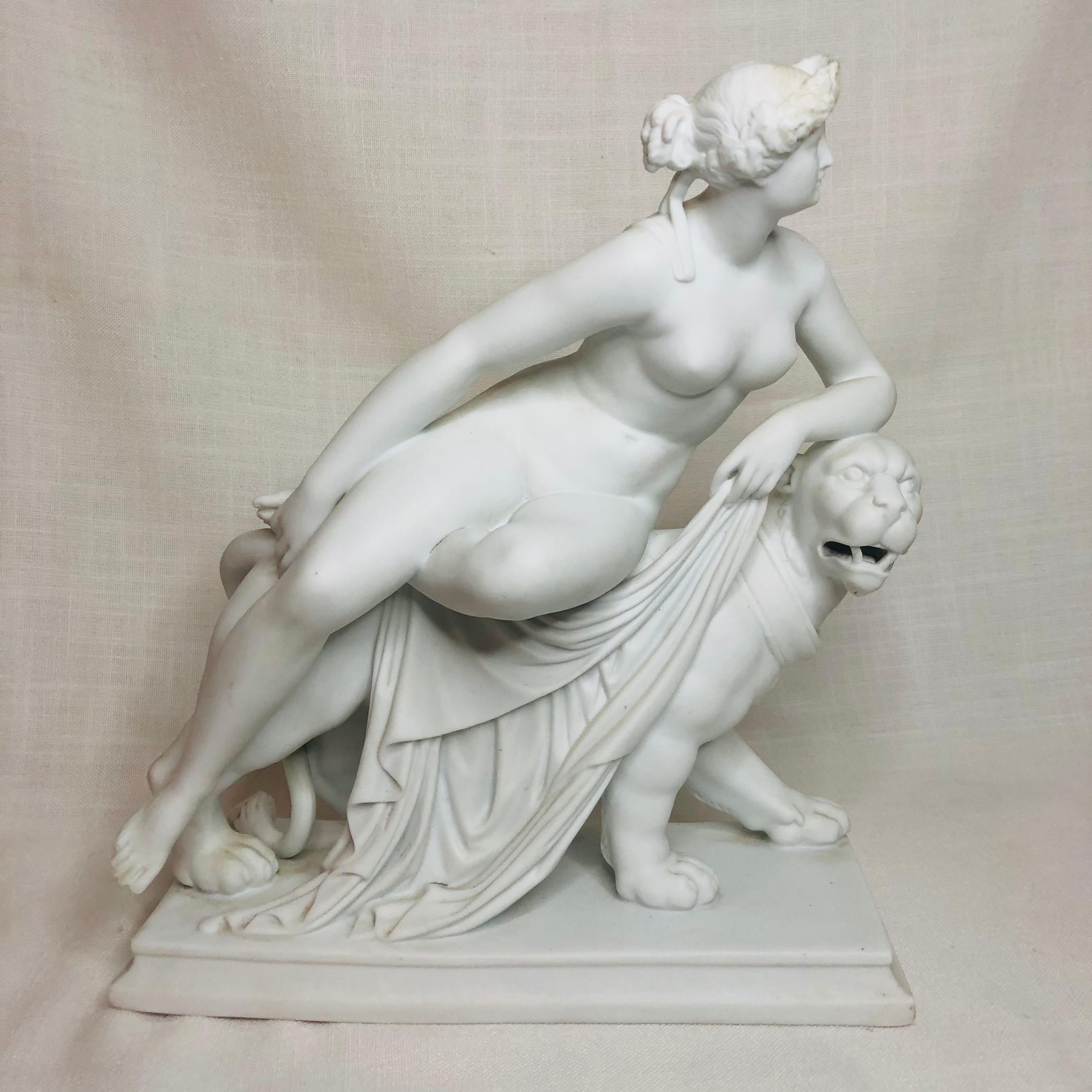 Molded English Parian Figurine of a Nude Figure of Adriadne Riding on Top of a Panther