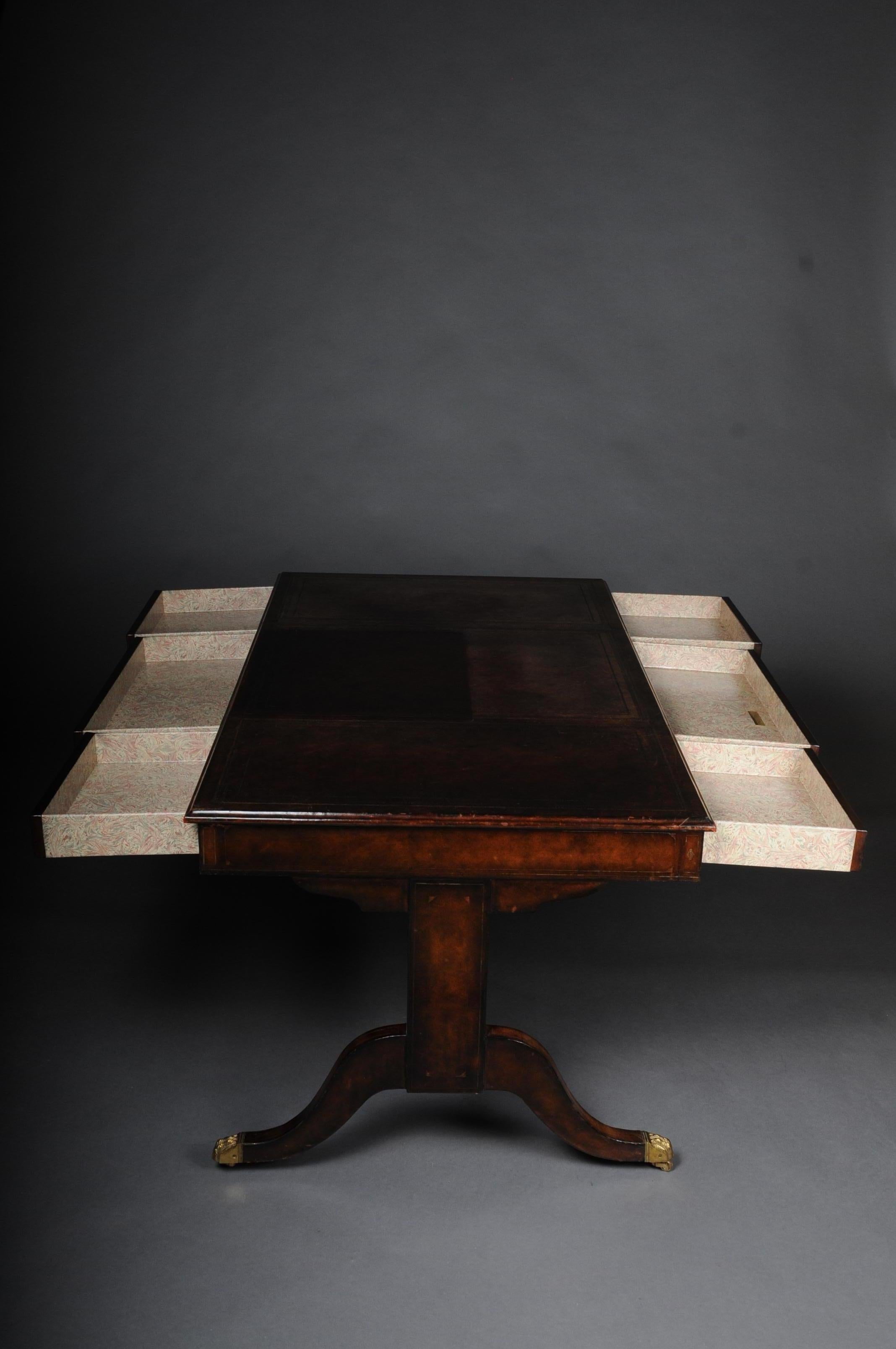 English Partner Desk, 1870 Writing Desk, Mahogany Completely Covered in Leather 5