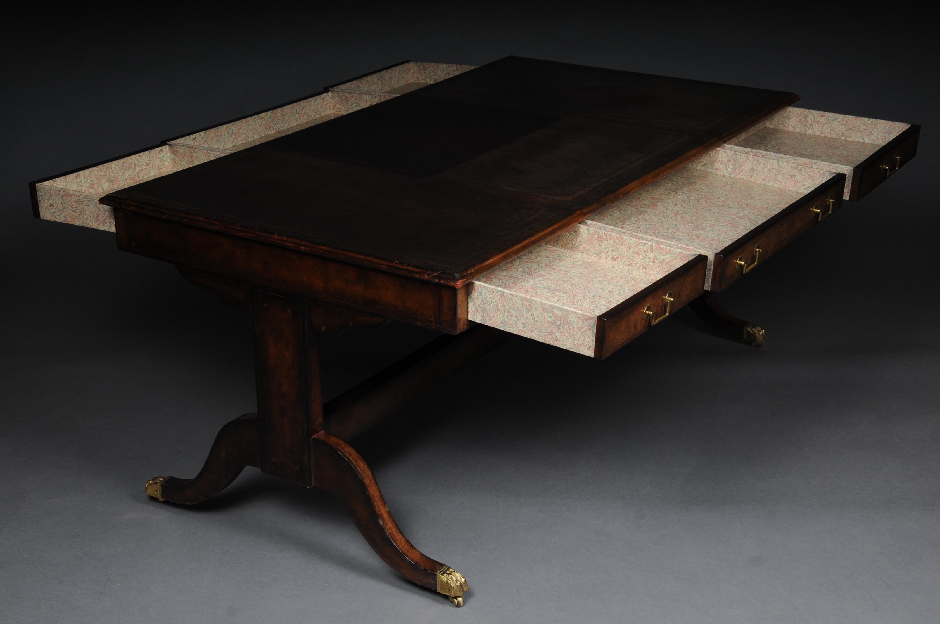 English Partner Desk, 1870 Writing Desk, Mahogany Completely Covered in Leather 6