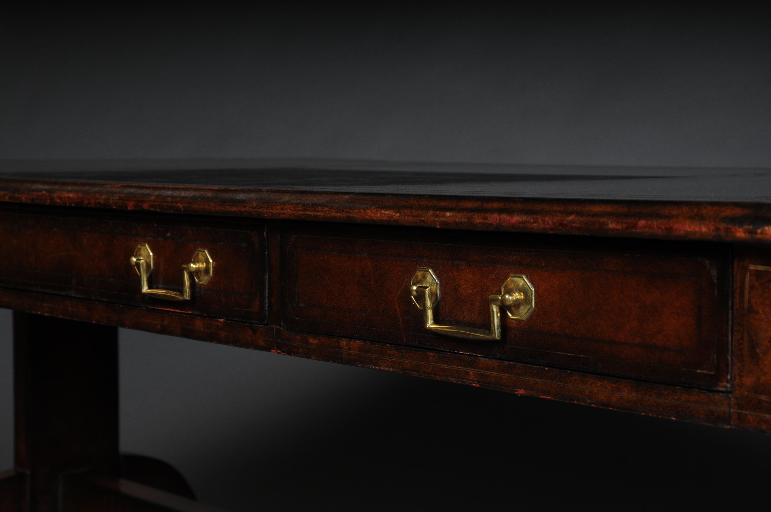 English Partner Desk, 1870 Writing Desk, Mahogany Completely Covered in Leather 9