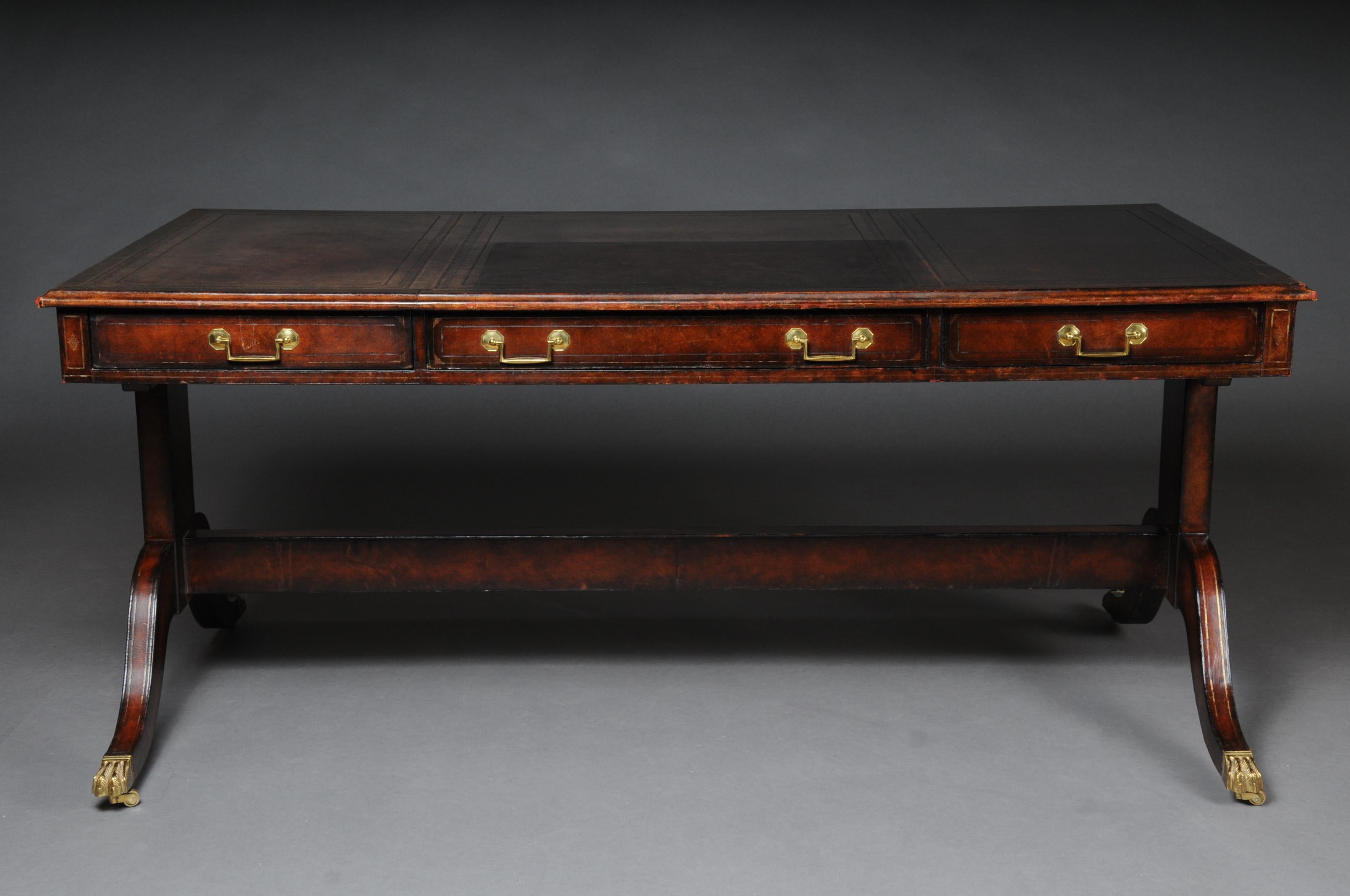 Embossed English Partner Desk, 1870 Writing Desk, Mahogany Completely Covered in Leather