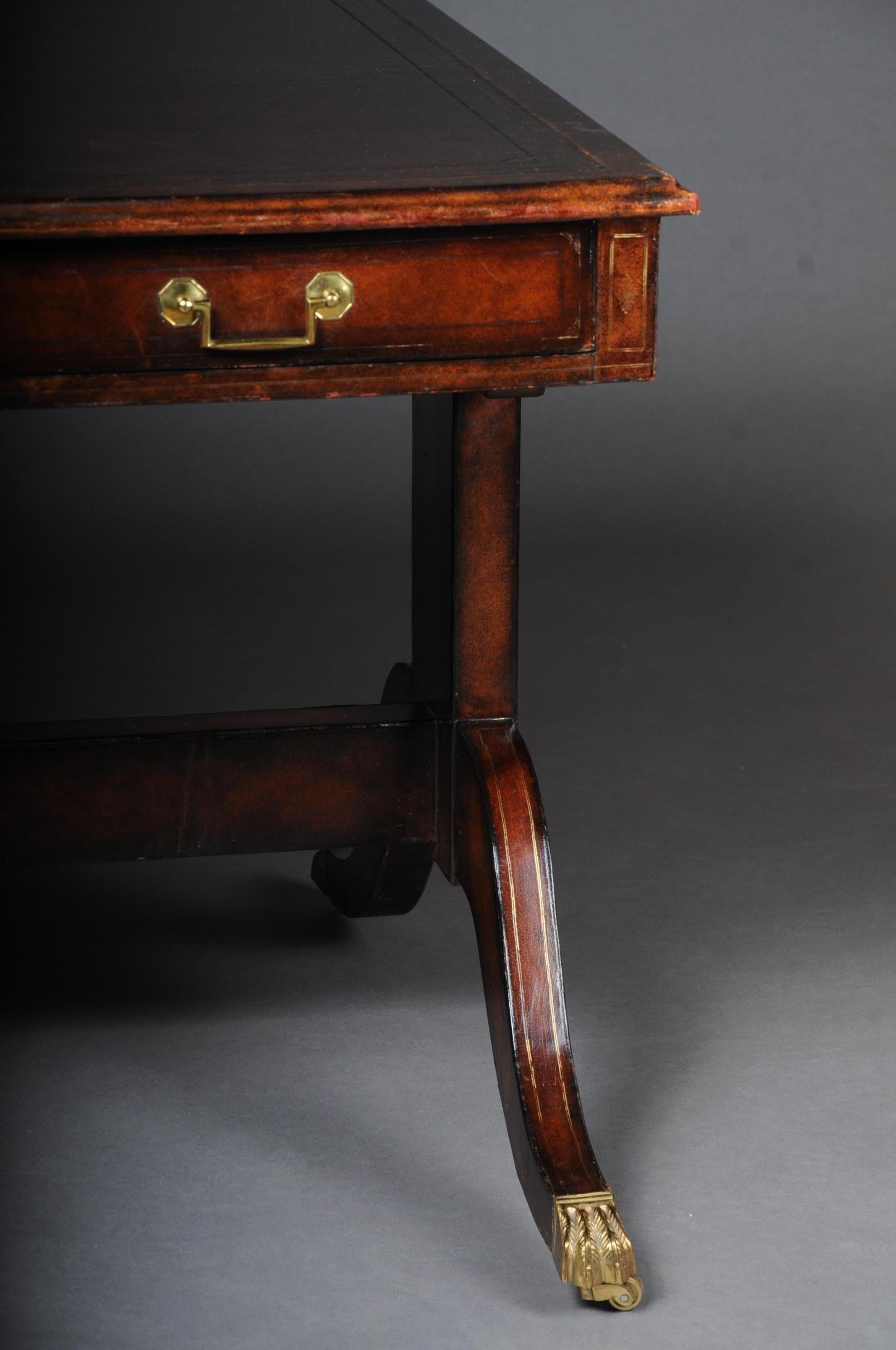 English Partner Desk, 1870 Writing Desk, Mahogany Completely Covered in Leather In Good Condition In Berlin, DE