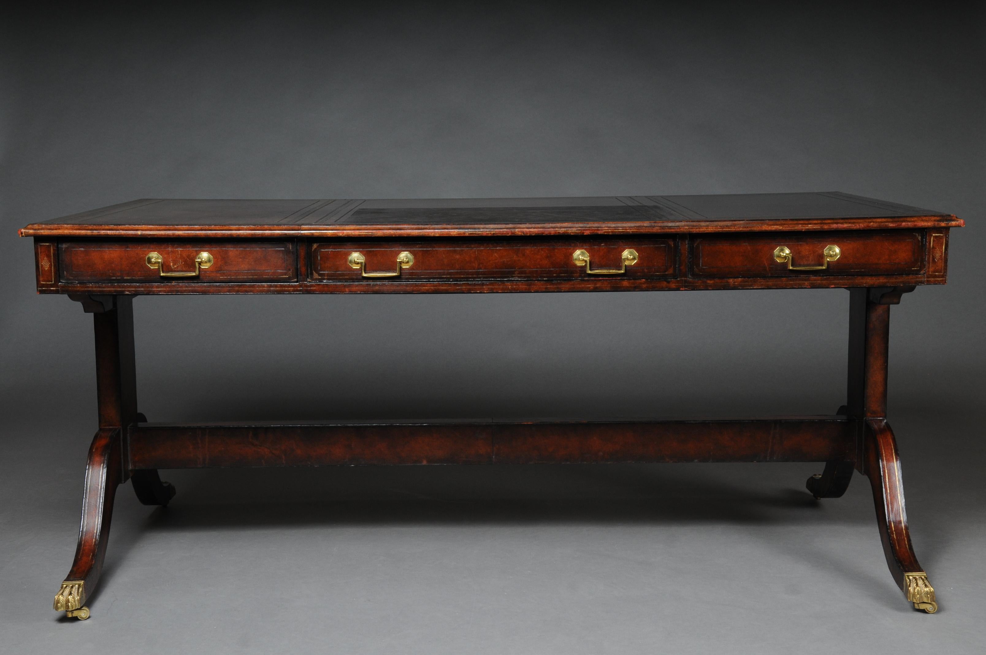 20th Century English Partner Desk, 1870 Writing Desk, Mahogany Completely Covered in Leather