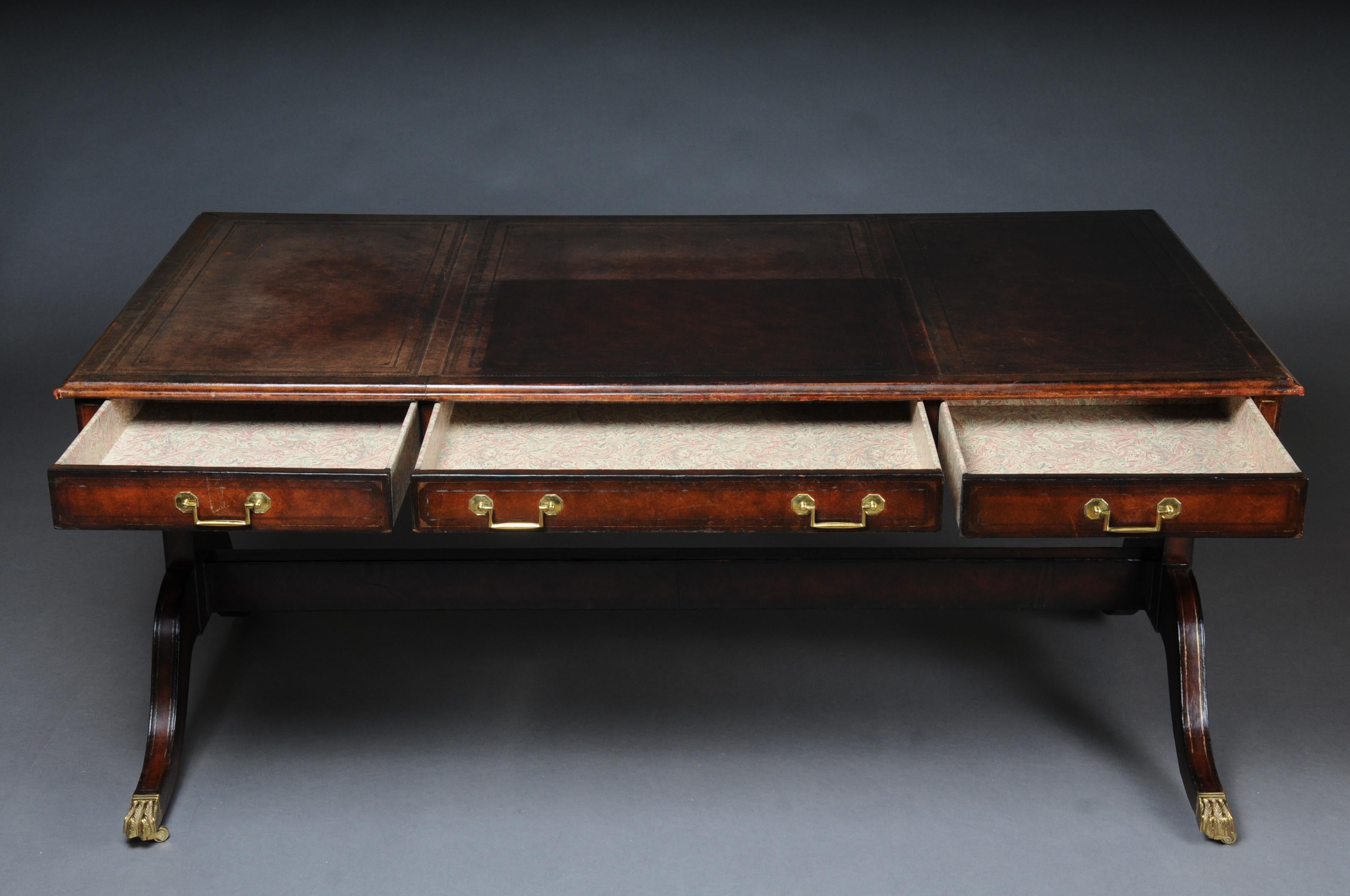 English Partner Desk, 1870 Writing Desk, Mahogany Completely Covered in Leather 1