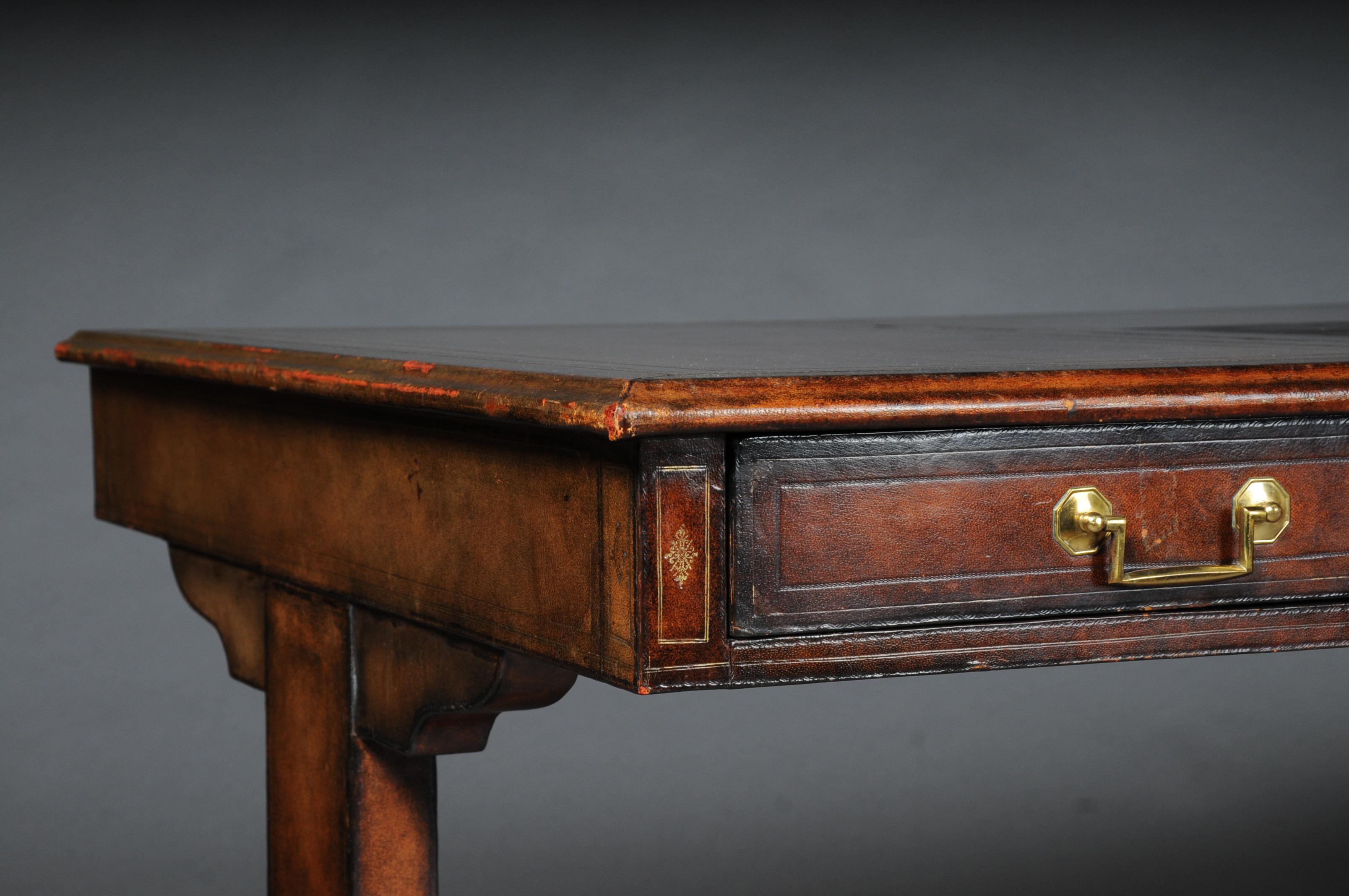 English Partner Desk, 1870 Writing Desk, Mahogany Completely Covered in Leather 3