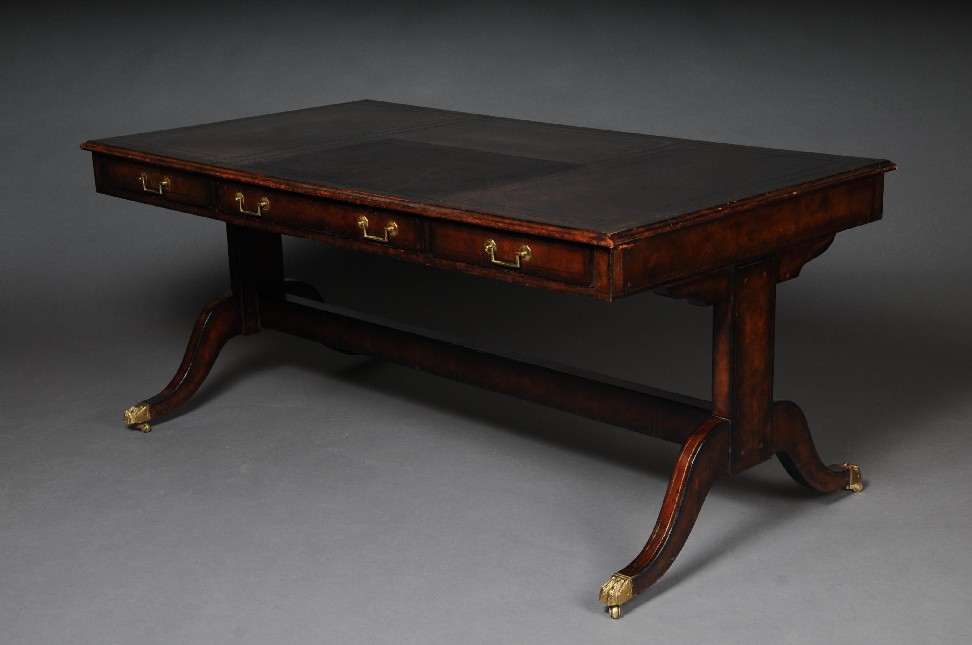 English Partner Desk, 1870 Writing Desk, Mahogany Completely Covered in Leather 4