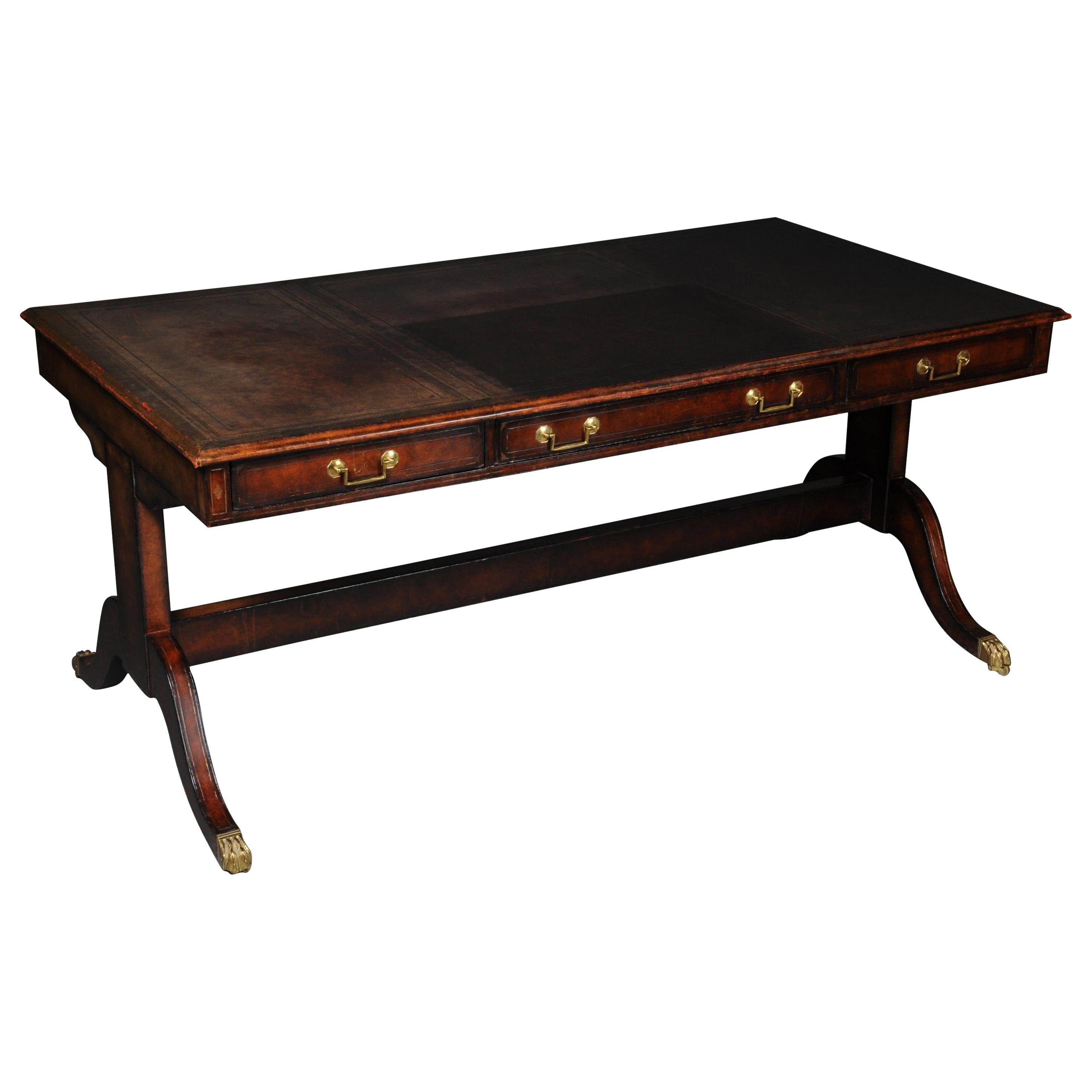 English Partner Desk, 1870 Writing Desk, Mahogany Completely Covered in Leather