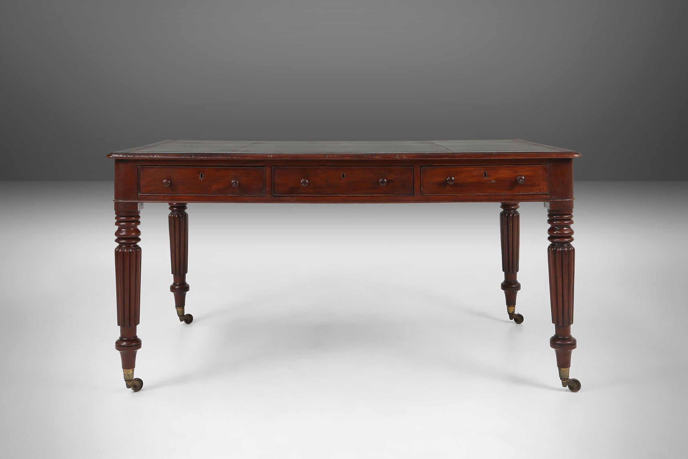 Victorian  English partner writing table with green leather decorated surface, ca. 1870 For Sale