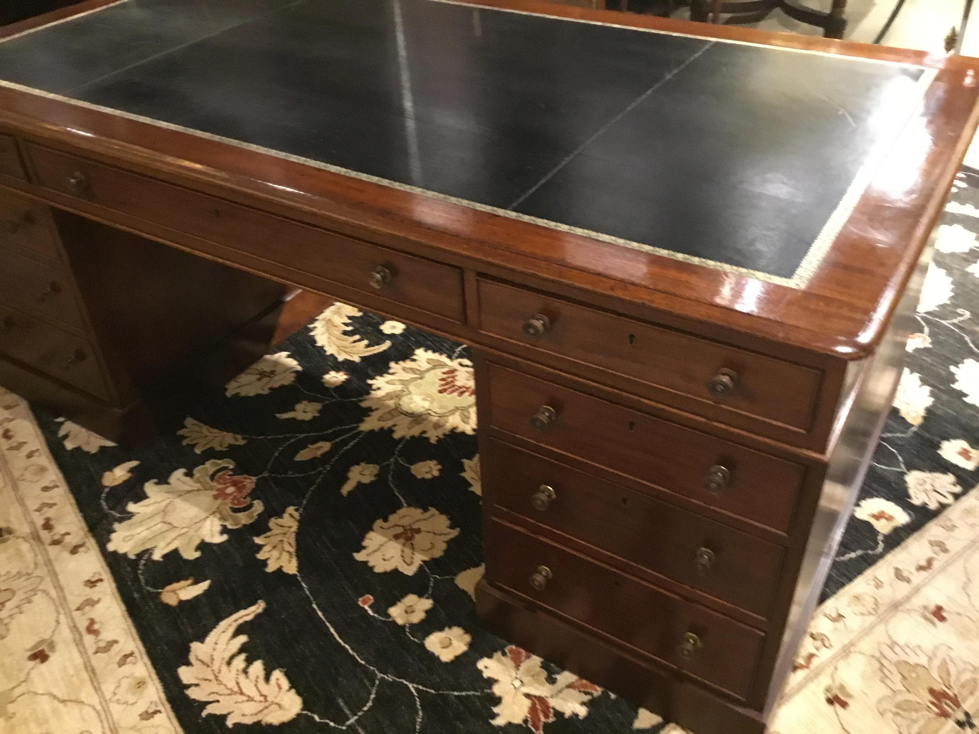 English Partners Desk circa 1860, Walnut with Black Leather Top 4