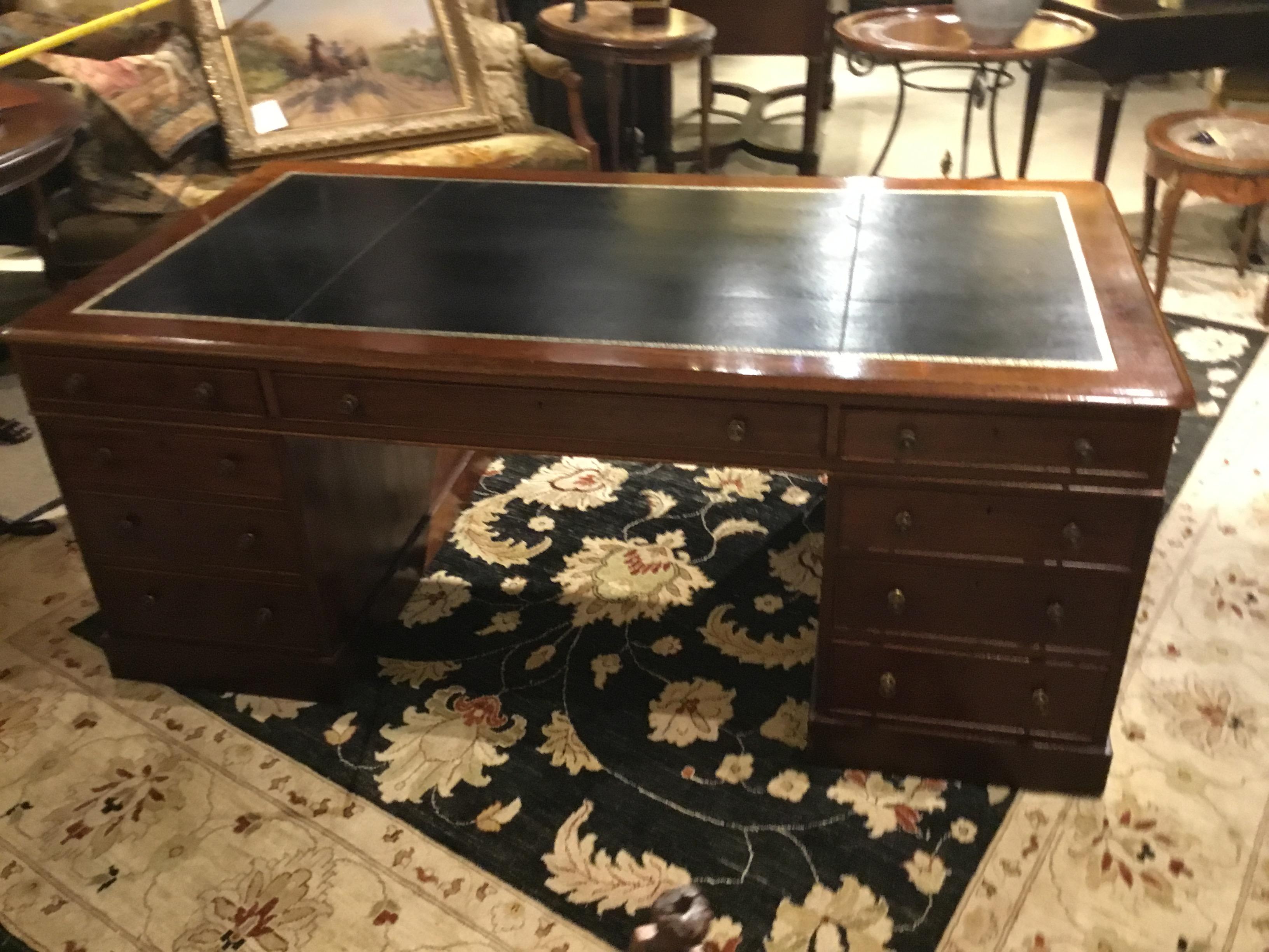 British English Partners Desk circa 1860, Walnut with Black Leather Top