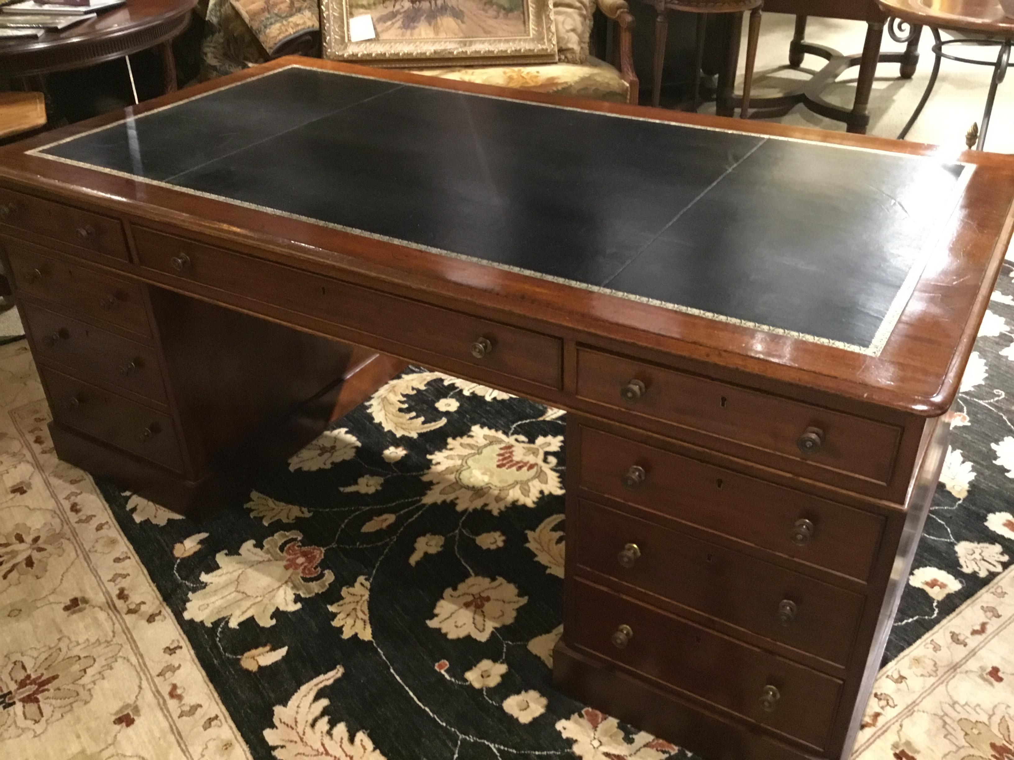 English Partners Desk circa 1860, Walnut with Black Leather Top 1