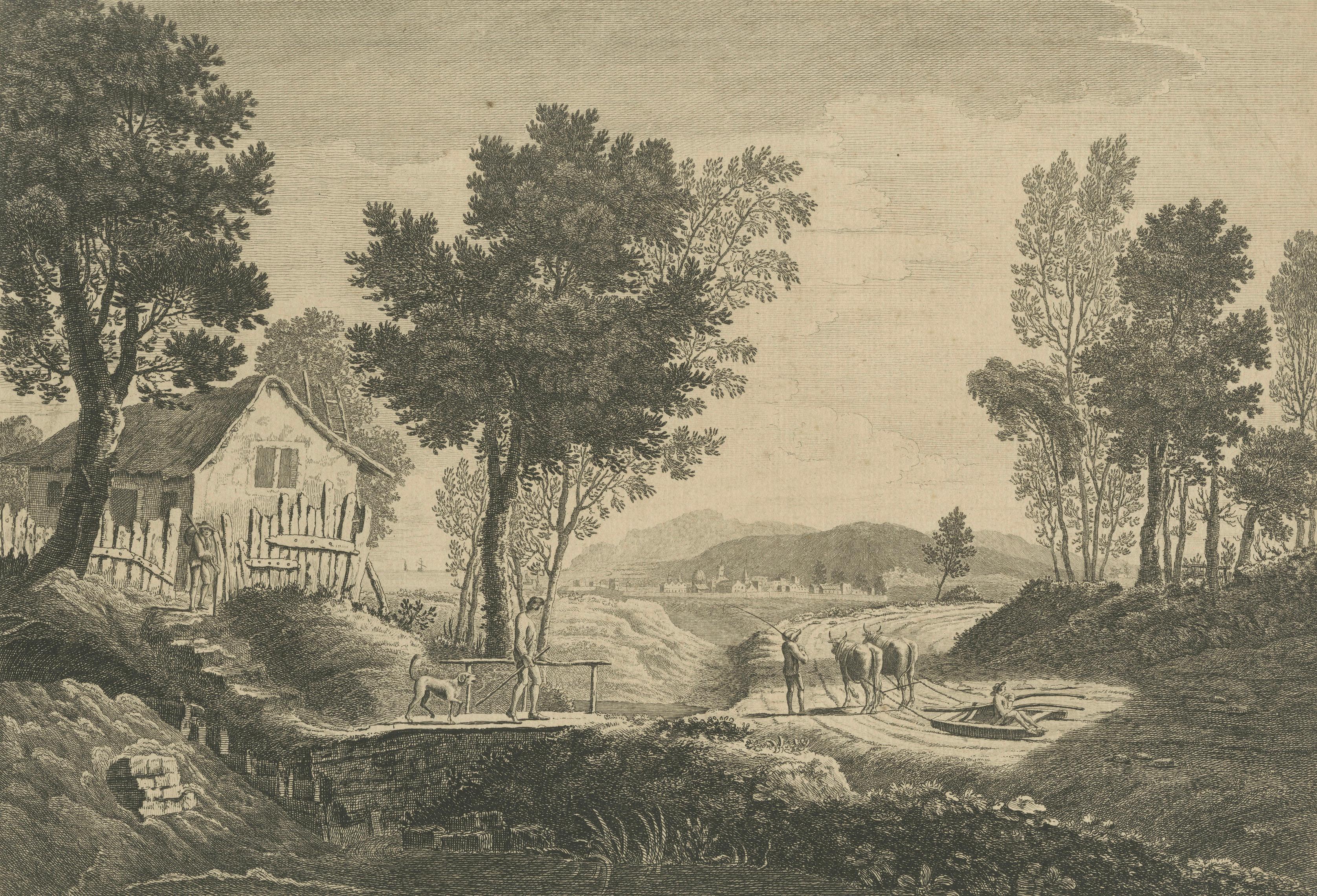 English Pastoral Landscape with Farm and Cattle, Boydell Etching, 1747