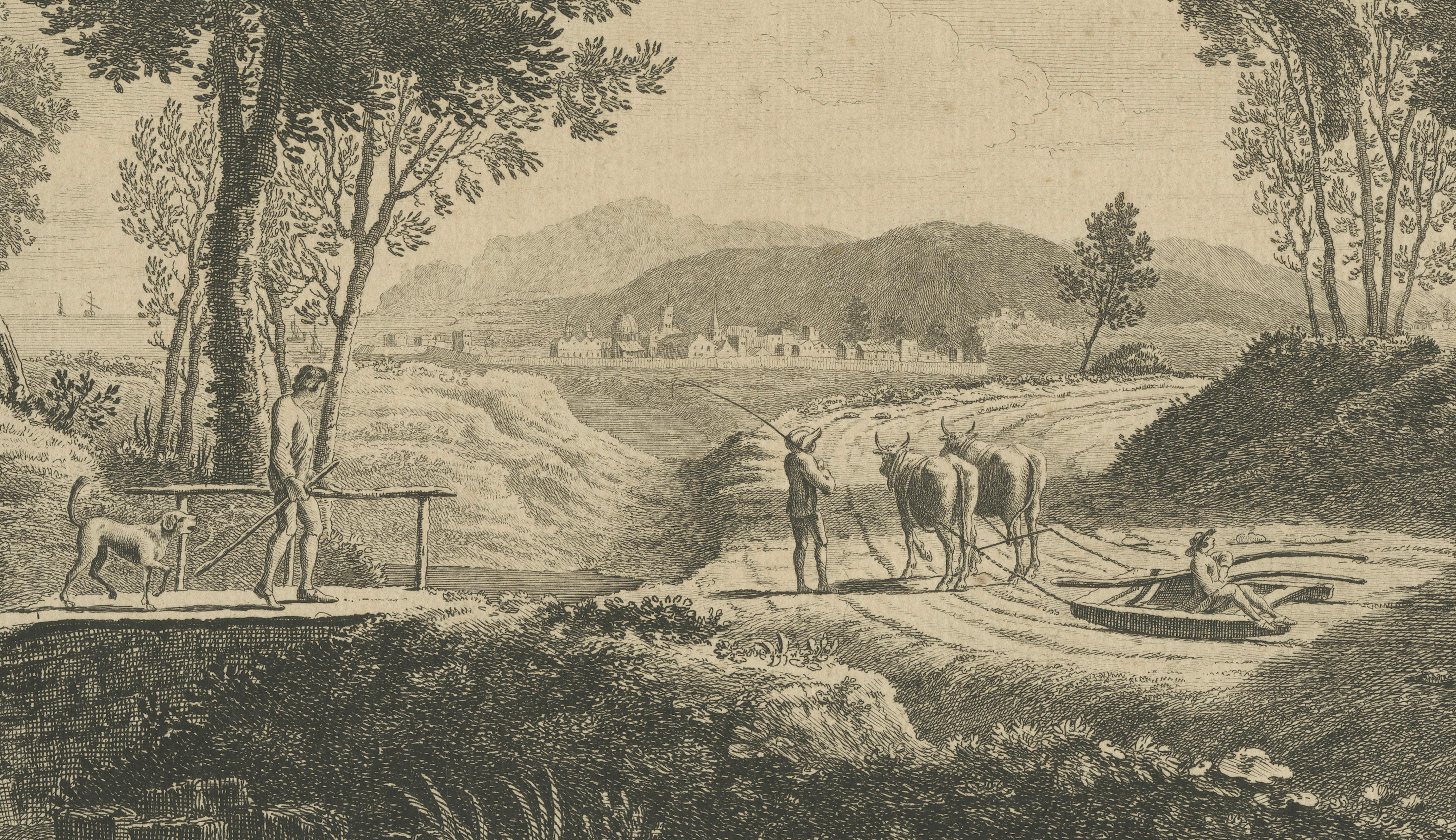English Pastoral Landscape with Farm and Cattle, Boydell Etching, 1747