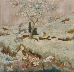 English Pastoral Woolwork Embroidery with Stag, Hounds and Rabbit 19th Century