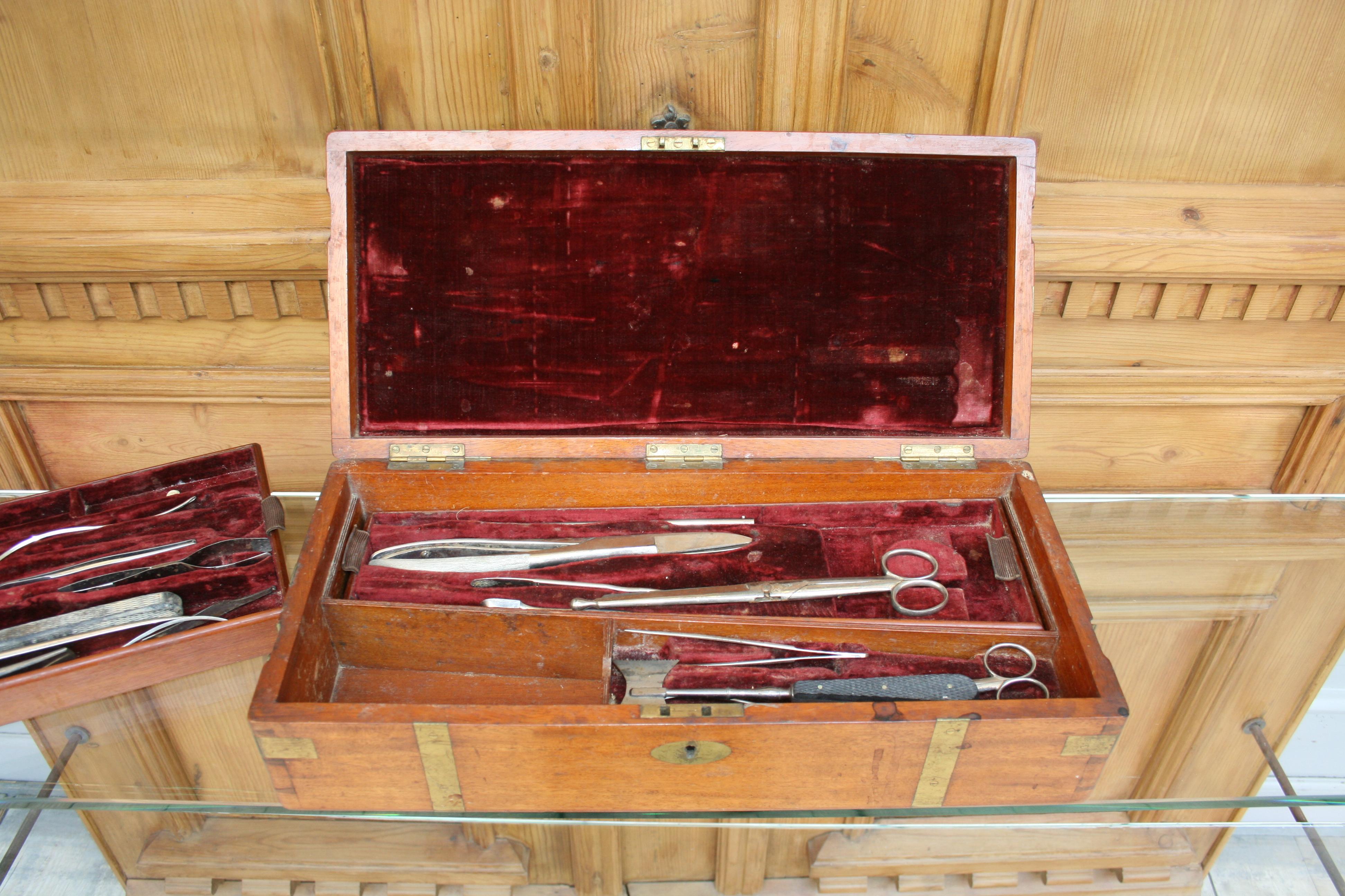 Metal English Pathologist Box Made of Mahogany with Brass, Including Instruments For Sale
