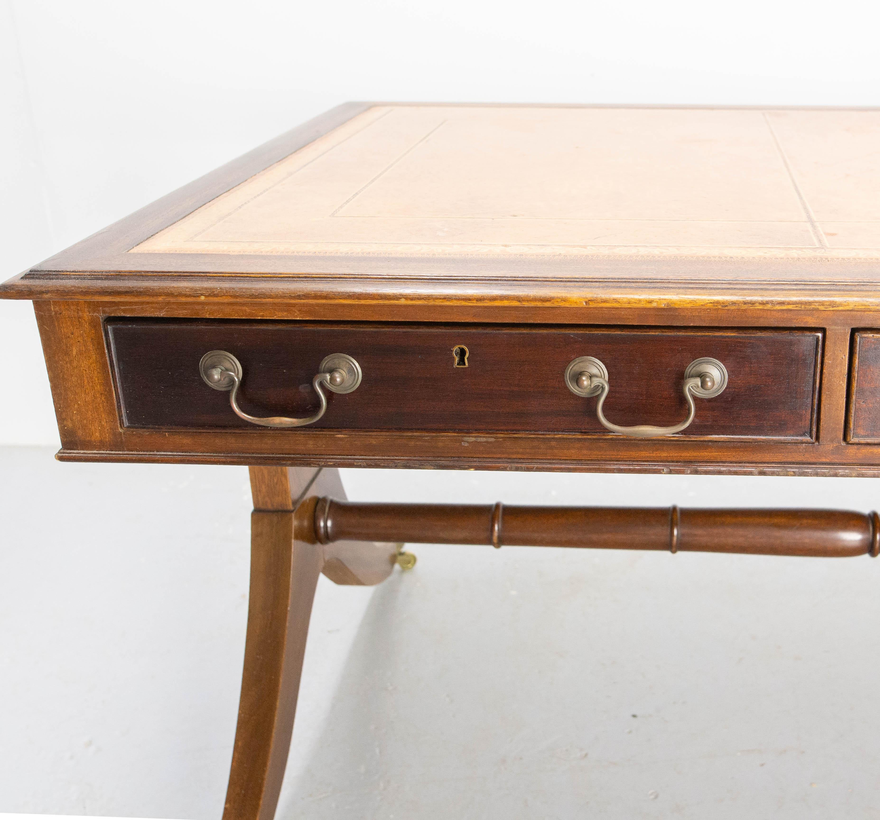 English Patinated Large Desk, Double Side, Wood, Leather & Iron circa 1900 For Sale 6
