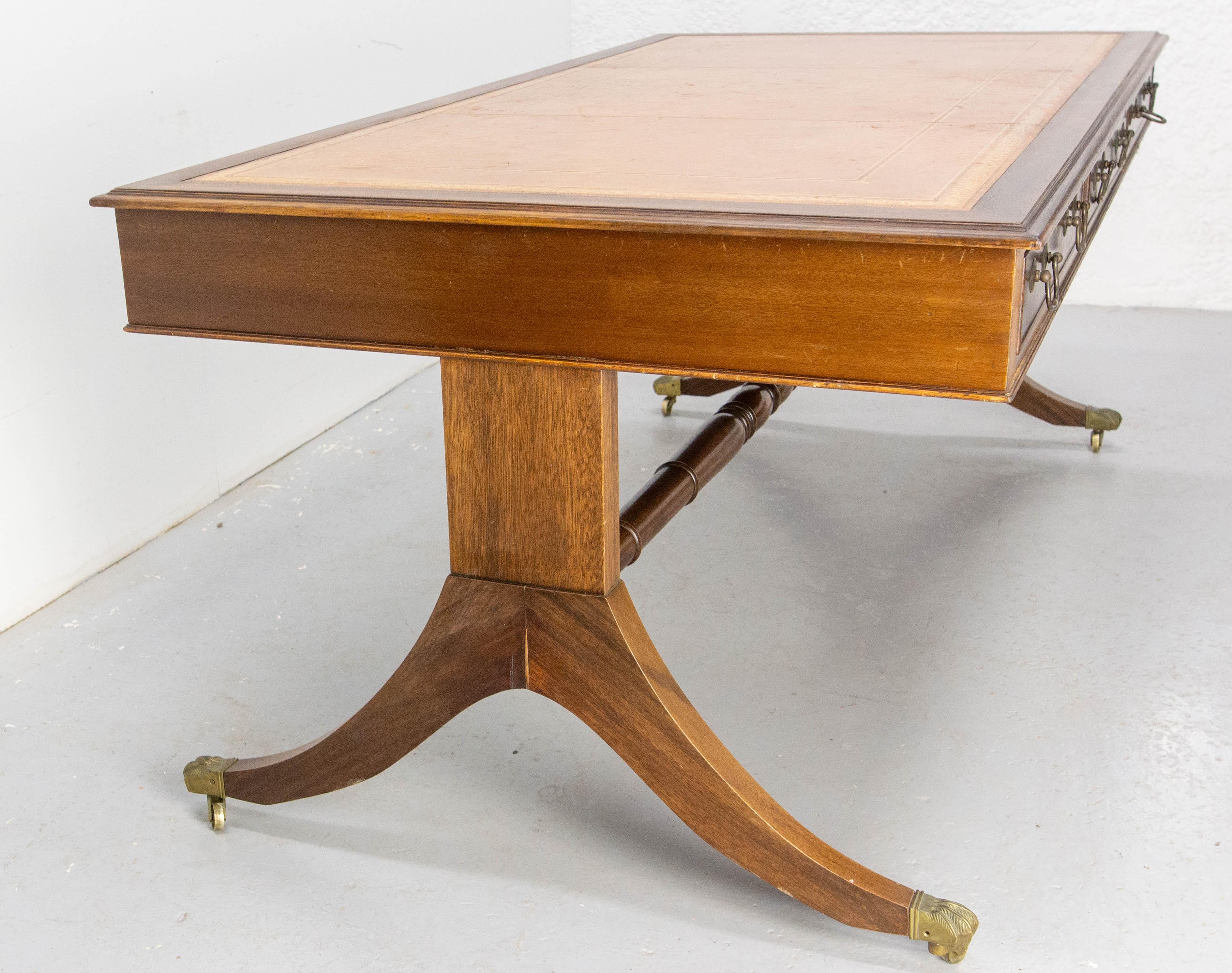 French English Patinated Large Desk, Double Side, Wood, Leather & Iron circa 1900 For Sale