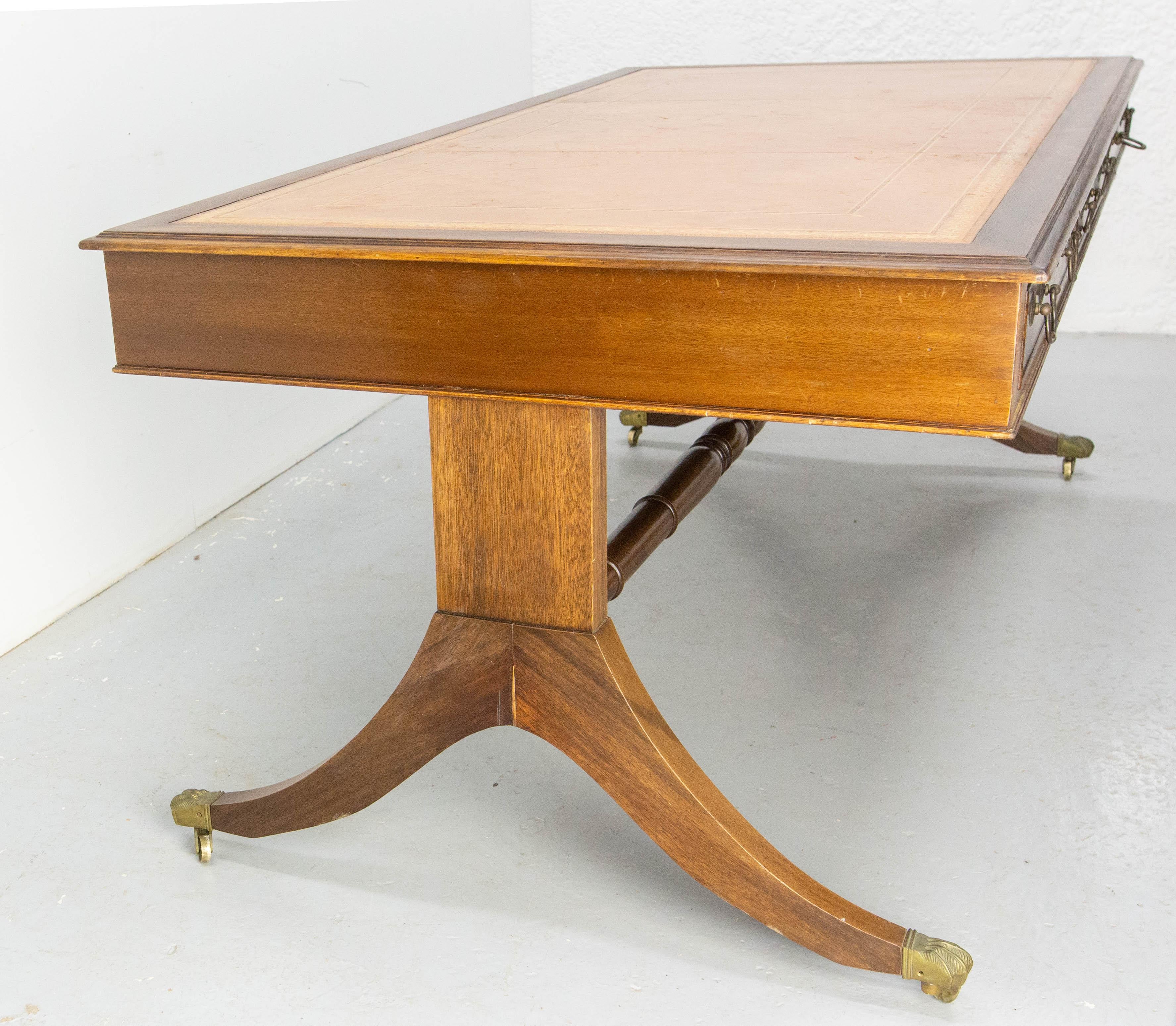 20th Century English Patinated Large Desk, Double Side, Wood, Leather & Iron circa 1900 For Sale
