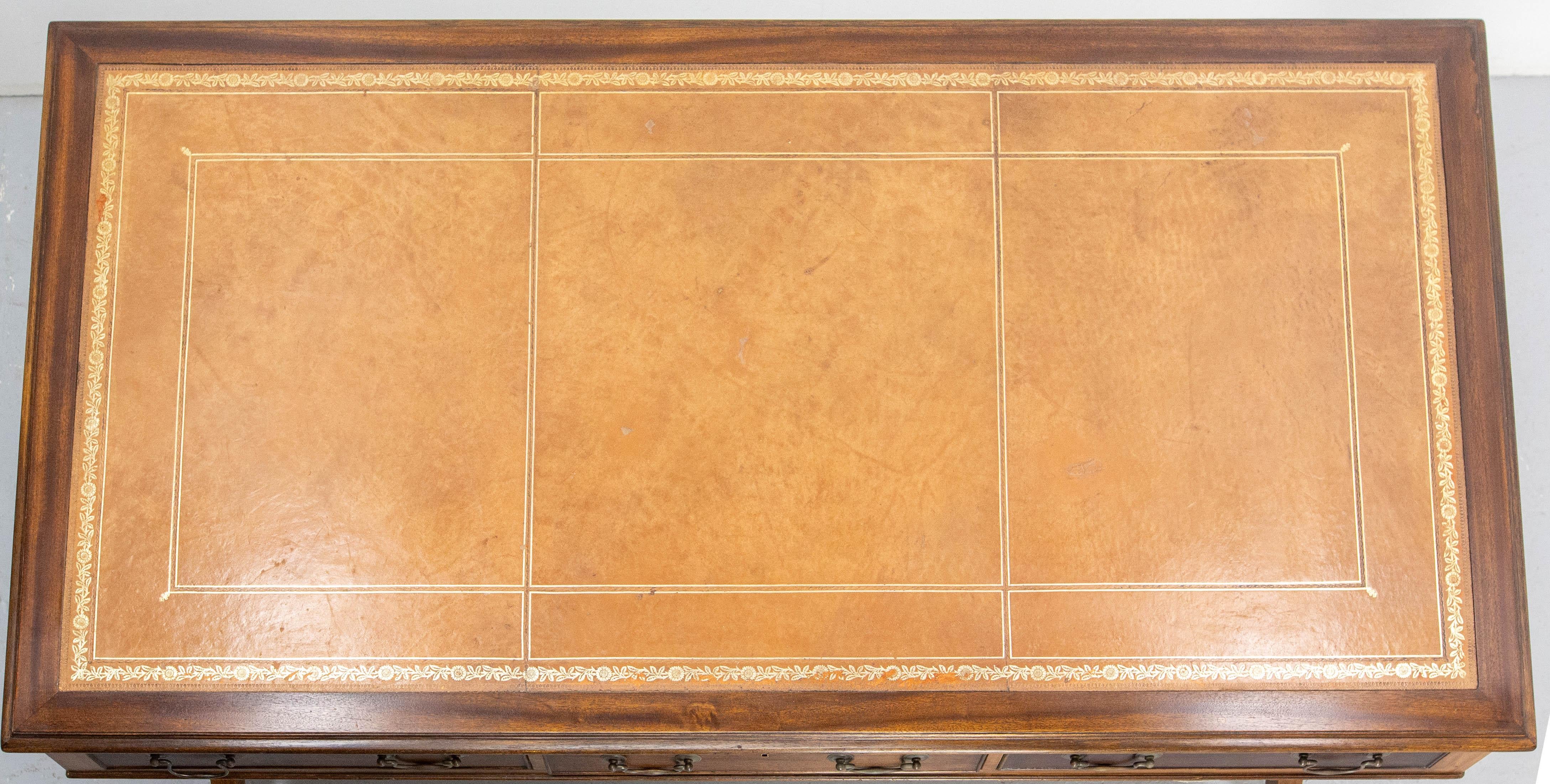 English Patinated Large Desk, Double Side, Wood, Leather & Iron circa 1900 For Sale 1