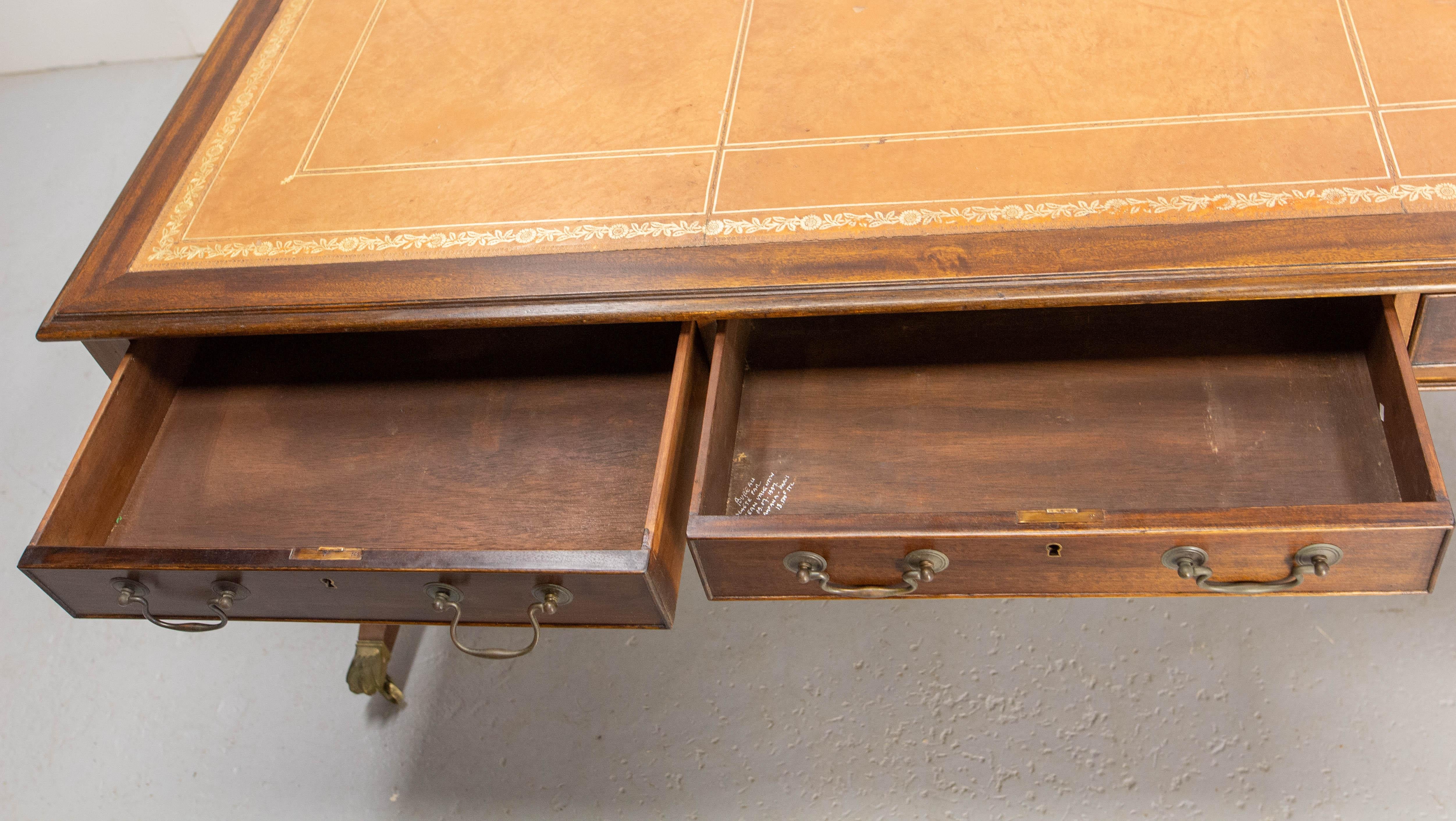 English Patinated Large Desk, Double Side, Wood, Leather & Iron circa 1900 For Sale 2