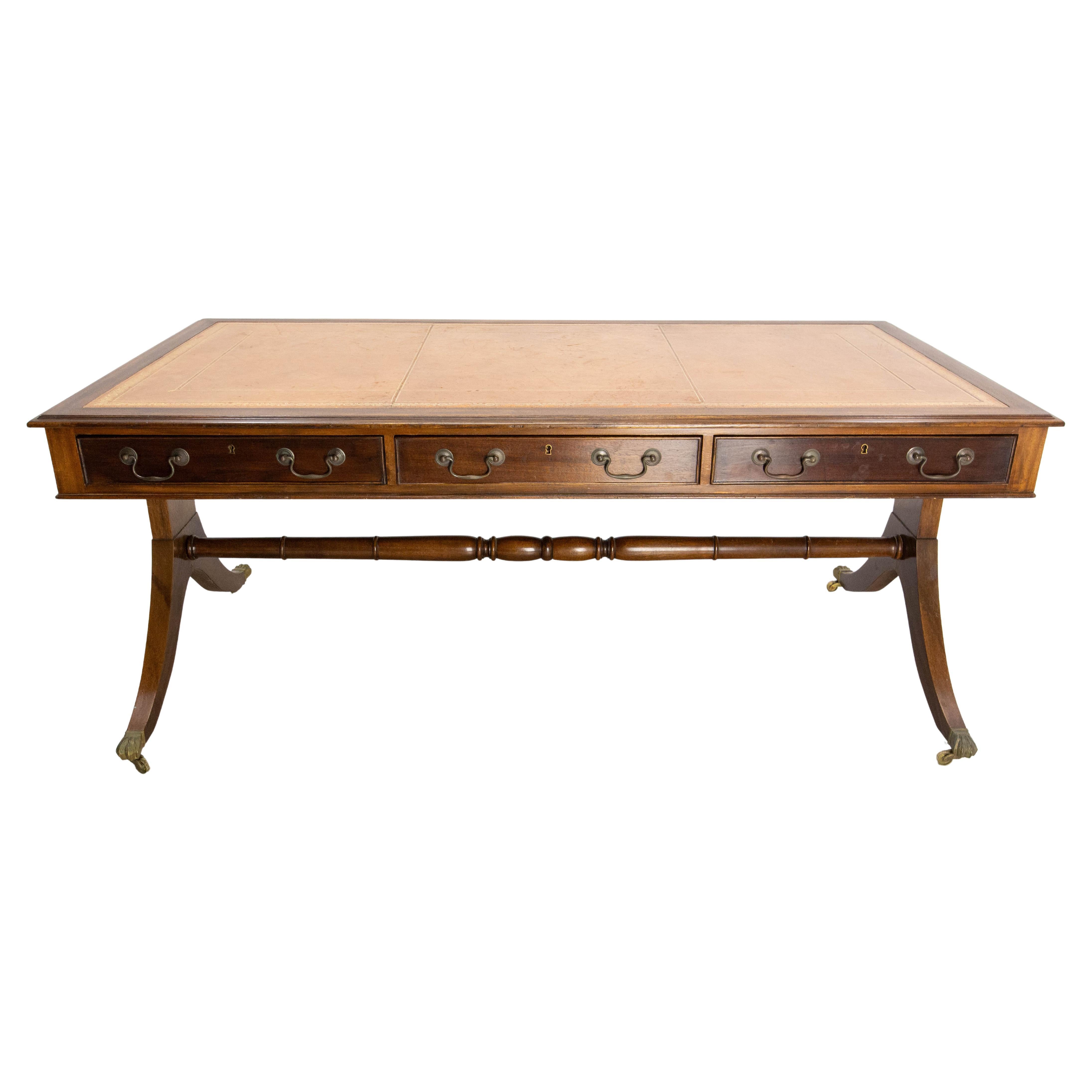 English Patinated Large Desk, Double Side, Wood, Leather & Iron circa 1900 For Sale