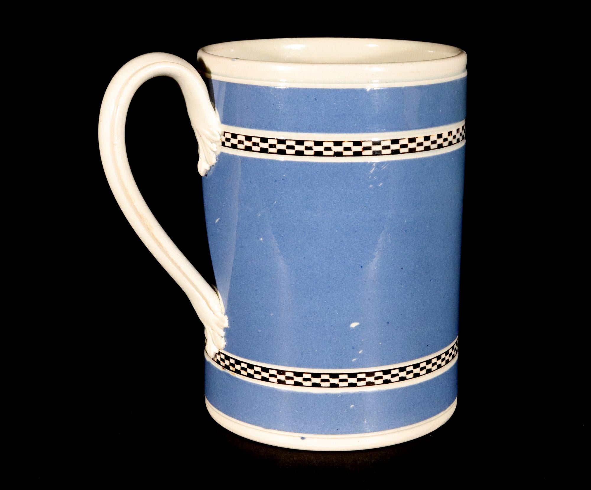 English Pearlware Blue Ground Pottery Mocha Mug In Good Condition For Sale In Downingtown, PA