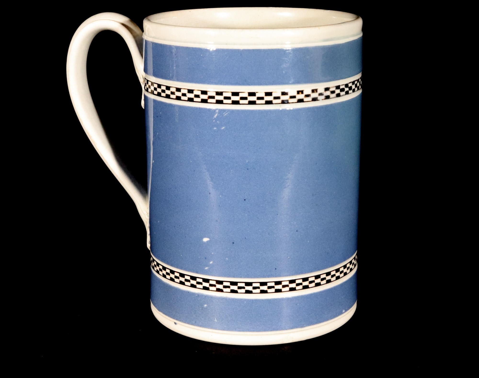 18th Century English Pearlware Blue Ground Pottery Mocha Mug For Sale