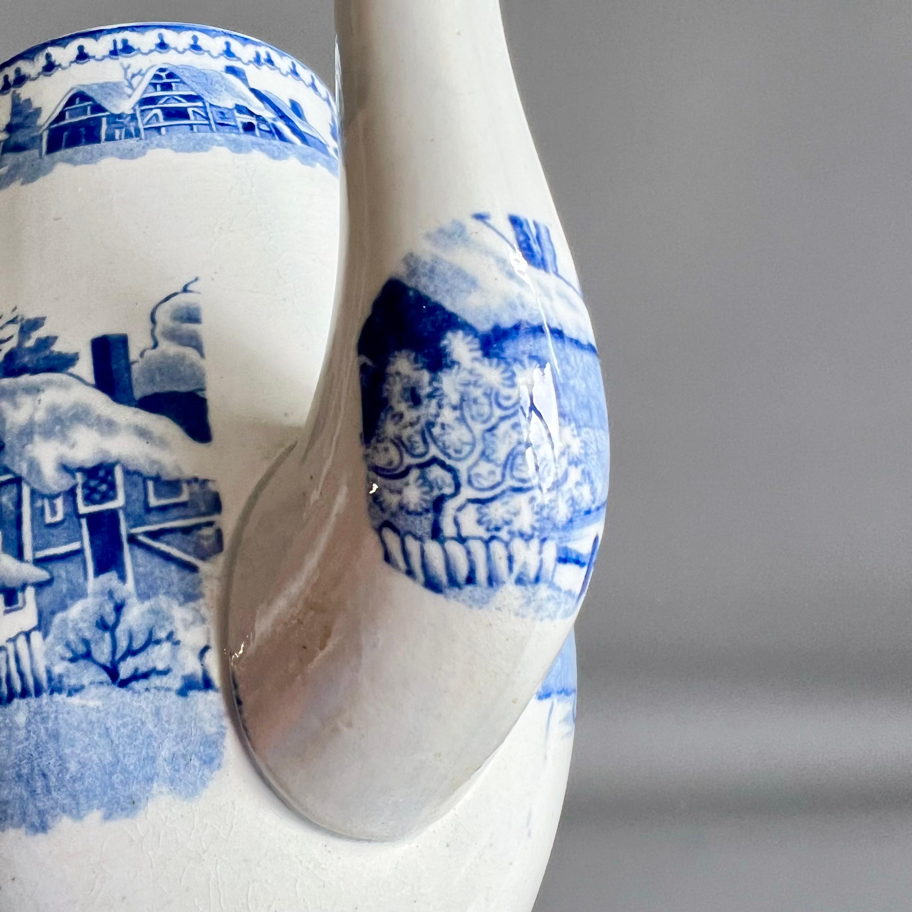 Cafetera inglesa de cerámica de perlas, transferencias azules, gamo en la nieve, 1800-1820 en venta 5