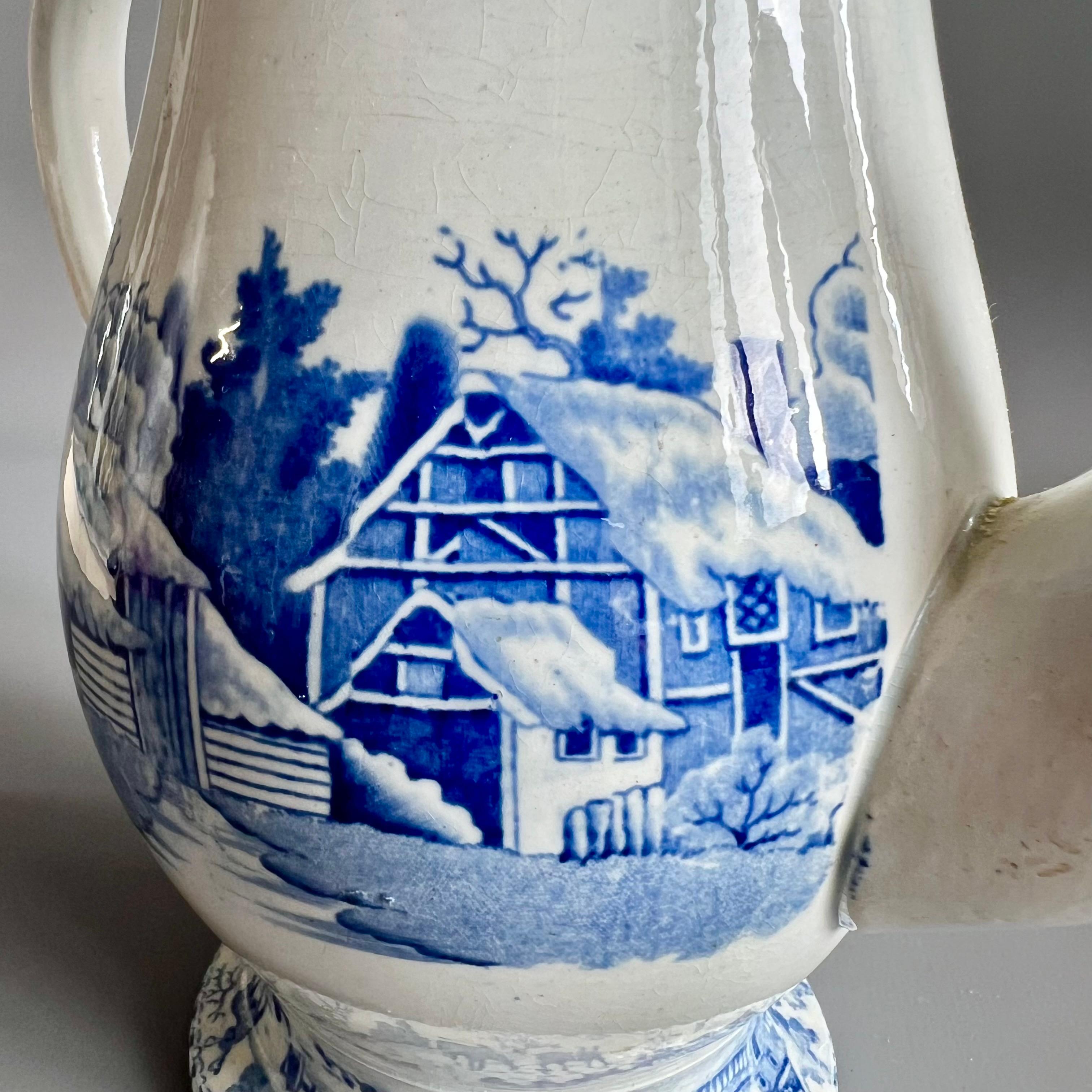 Cafetera inglesa de cerámica de perlas, transferencias azules, gamo en la nieve, 1800-1820 principios del siglo XIX en venta