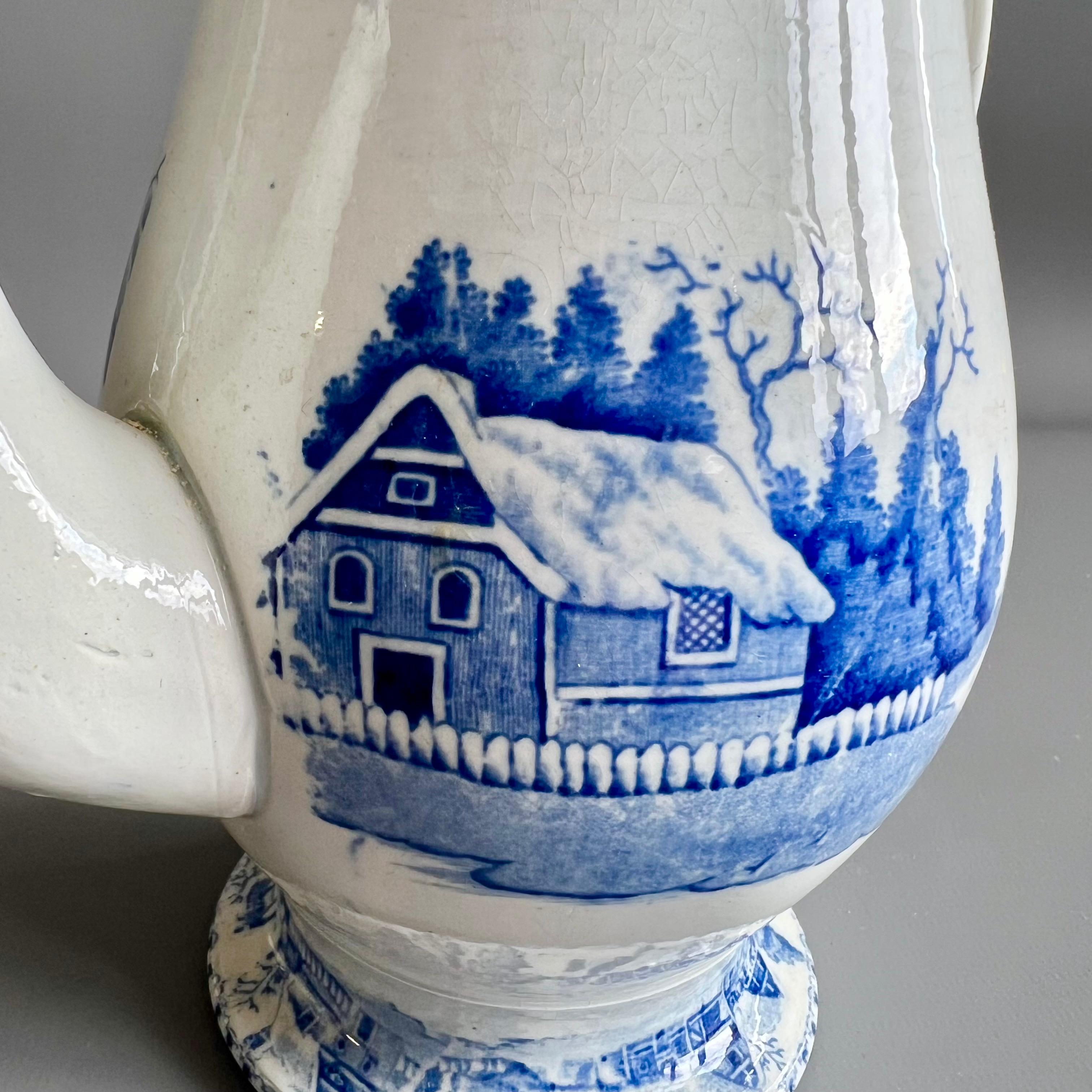 Cafetera inglesa de cerámica de perlas, transferencias azules, gamo en la nieve, 1800-1820 Cerámica Pearlware en venta