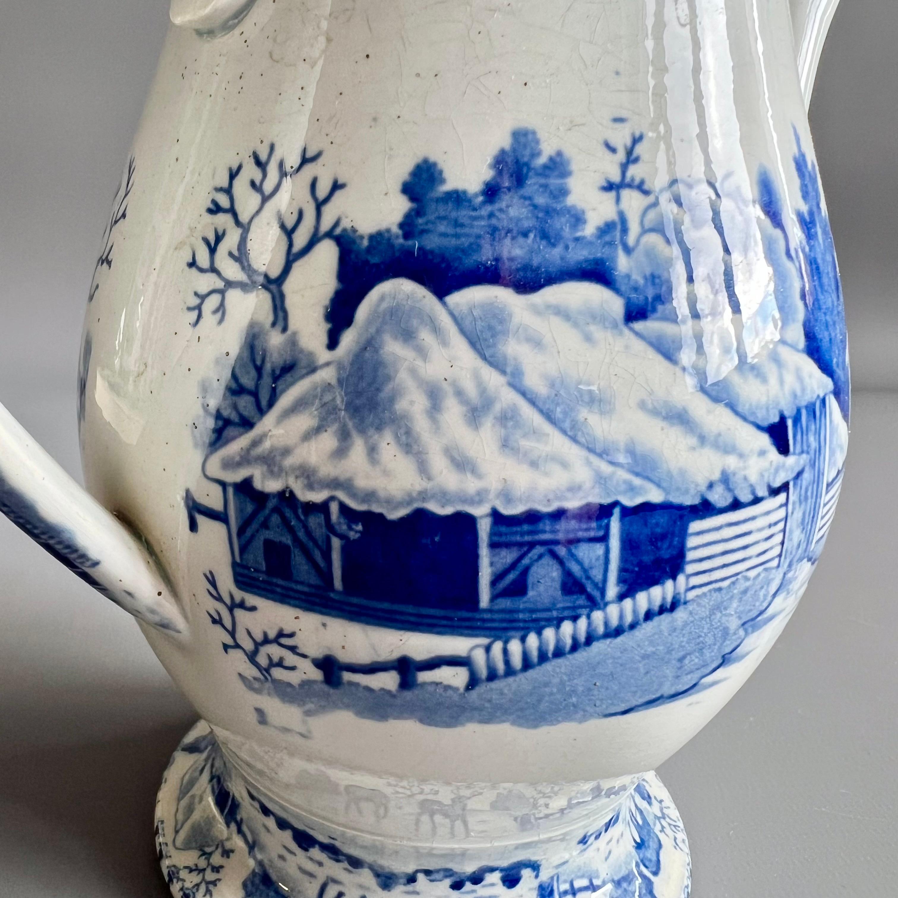 Cafetera inglesa de cerámica de perlas, transferencias azules, gamo en la nieve, 1800-1820 en venta 1