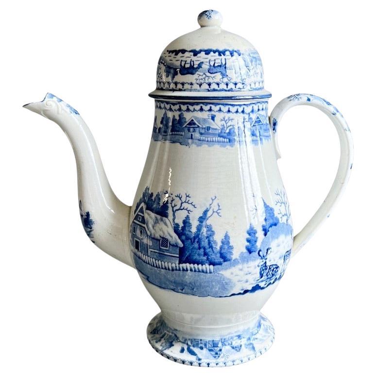 Cafetera inglesa de cerámica de perlas, transferencias azules, gamo en la nieve, 1800-1820