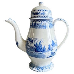 Cafetera inglesa de cerámica de perlas, transferencias azules, gamo en la nieve, 1800-1820
