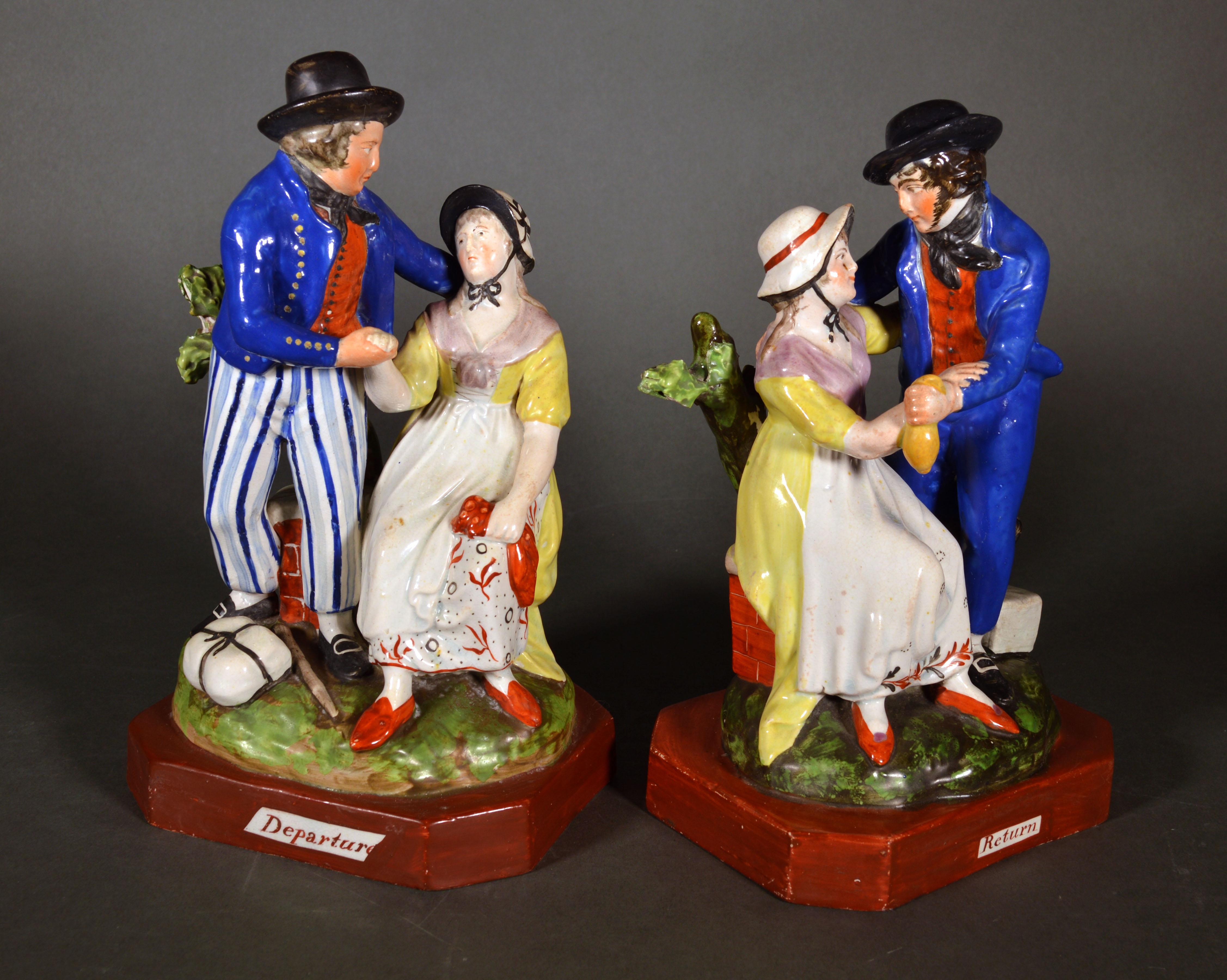 English pearlware figures of Sailor's Farewell and Return.
circa 1820
  

The pair of English pearlware pottery figures are titled 