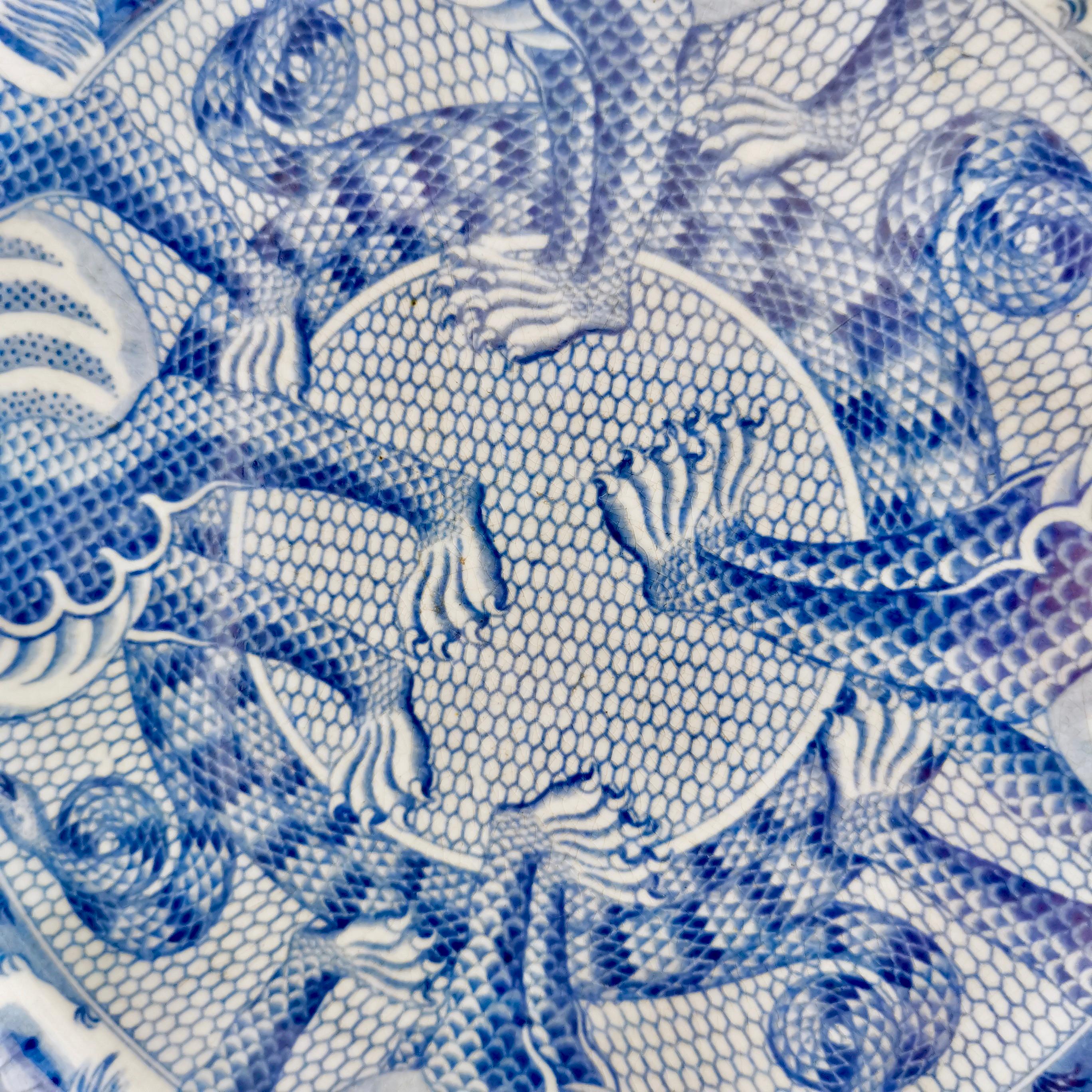 English Pearlware Plate, Blue & White Transfer Dragons, Snakes, Regency ca 1820 6