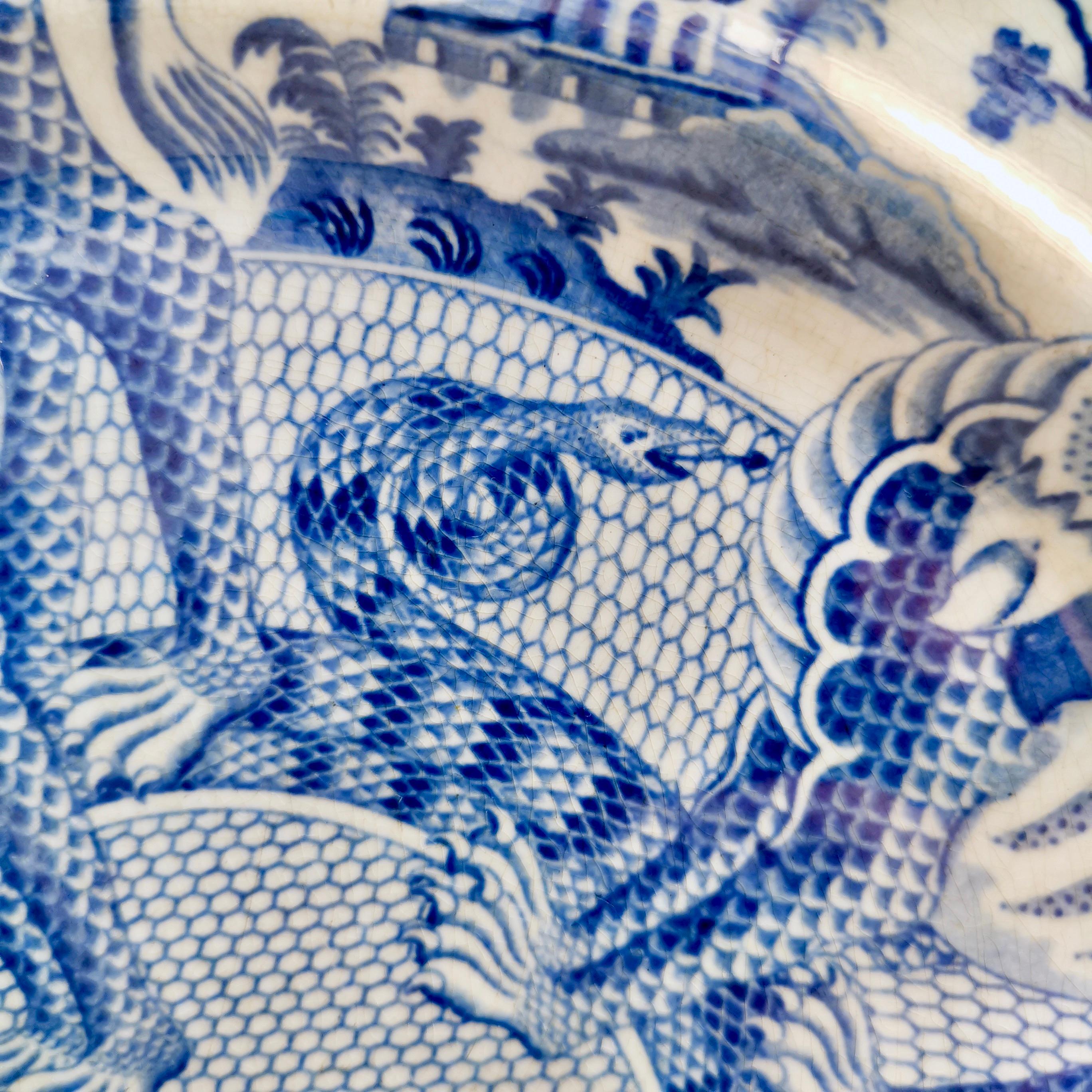 English Pearlware Plate, Blue & White Transfer Dragons, Snakes, Regency ca 1820 7