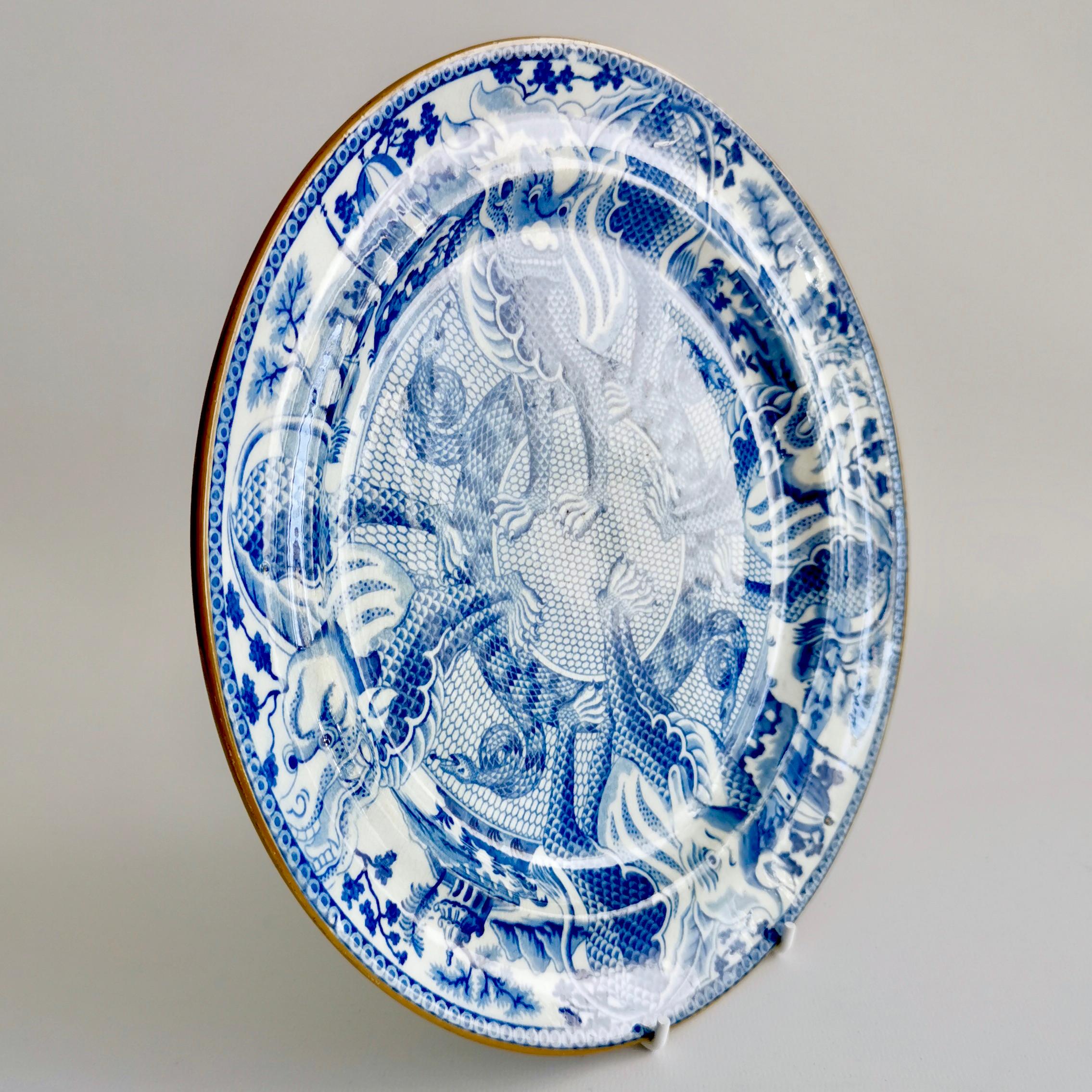English Pearlware Plate, Blue & White Transfer Dragons, Snakes, Regency ca 1820 8